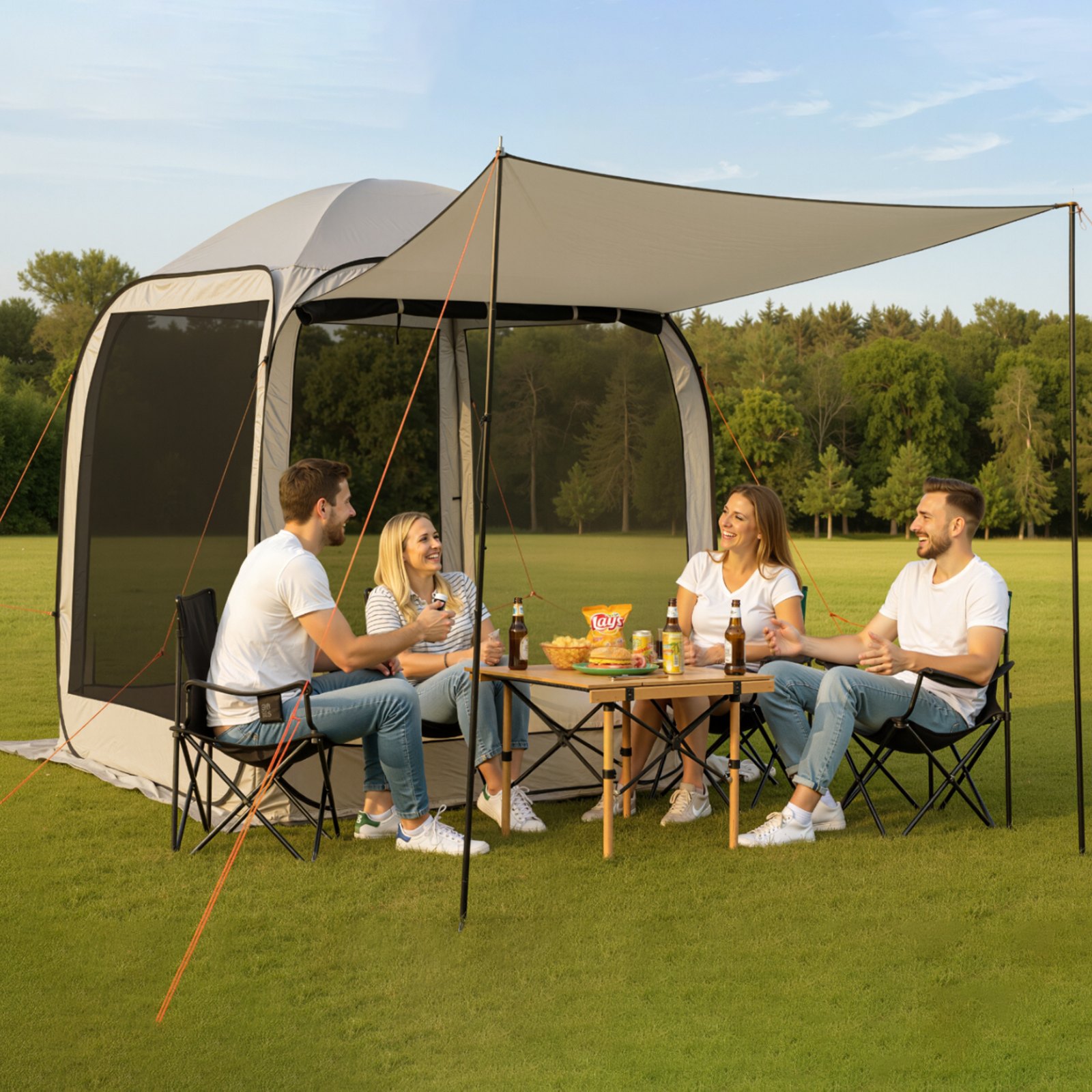 Sääsevõrguga telk-paviljon (1,8 x 1,8 m) koos lisavarikatusega, 4–6 inimesele, pop-up aiapaviljon