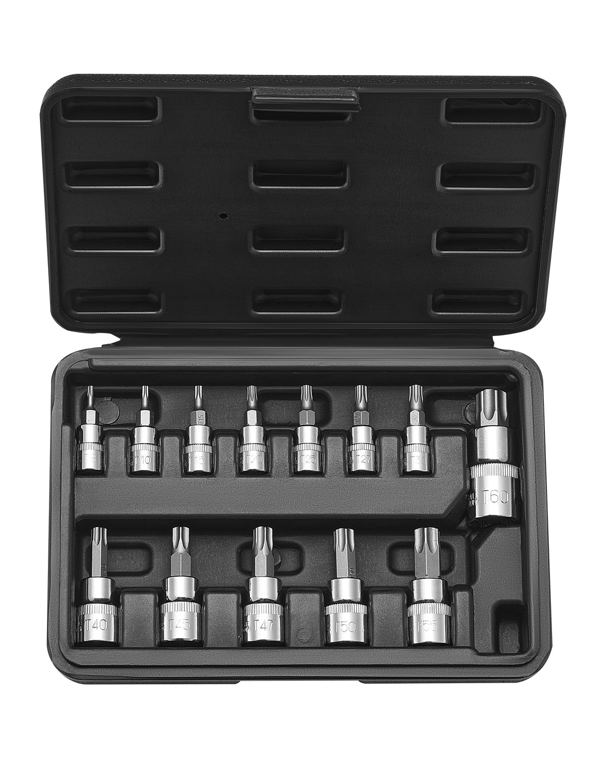 Torx-otsakute komplekt 13-osaline tähtkujuga T8 - T60 S2 legeerterasest ja Cr-V terasest 6 4 mm 9 5 mm ja 12 7 mm
