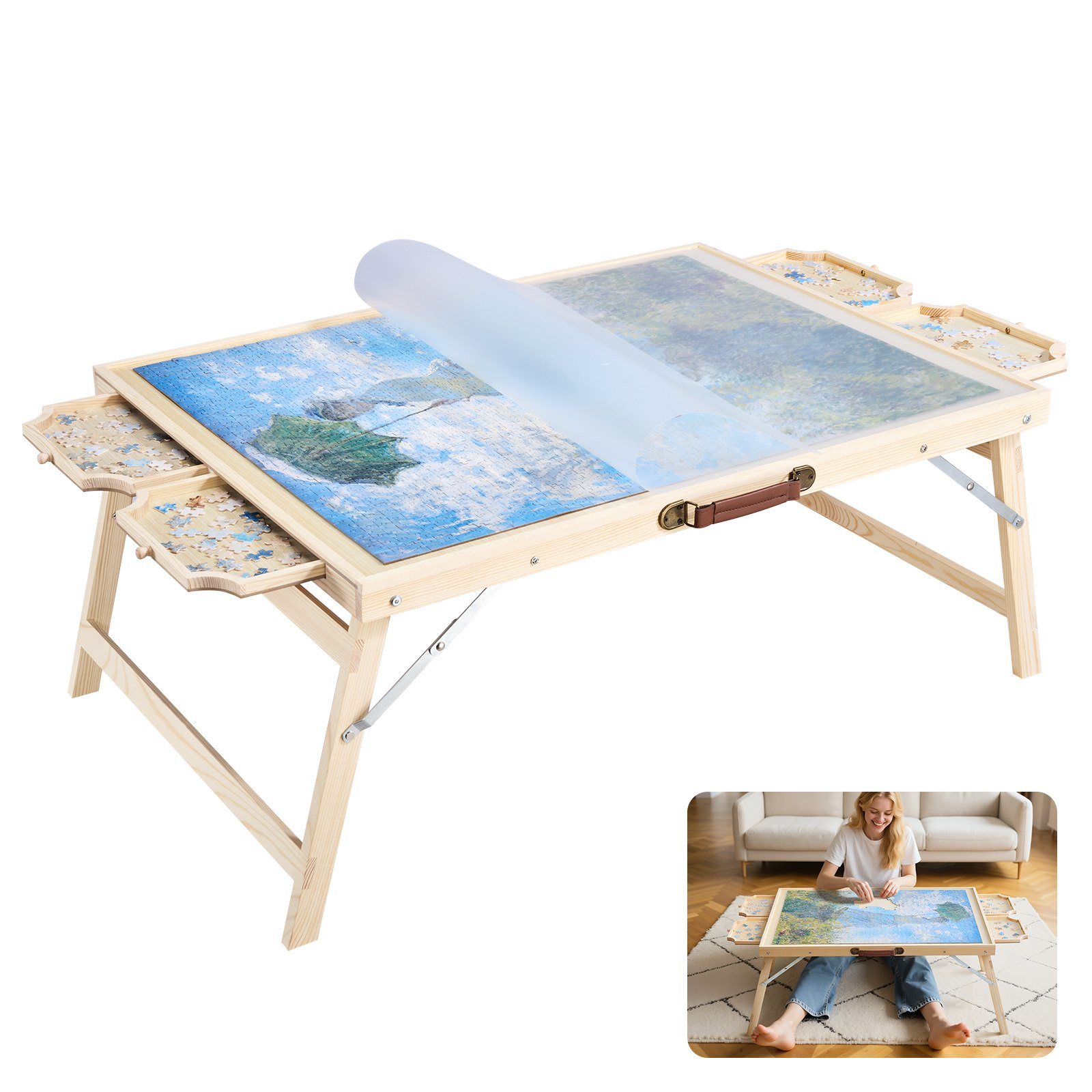 1500-osaline puslelaud kokkupandavate jalgade 4 sahtli ja kattega 86x63 cm kaasaskantav puidust laud pusletarvikud