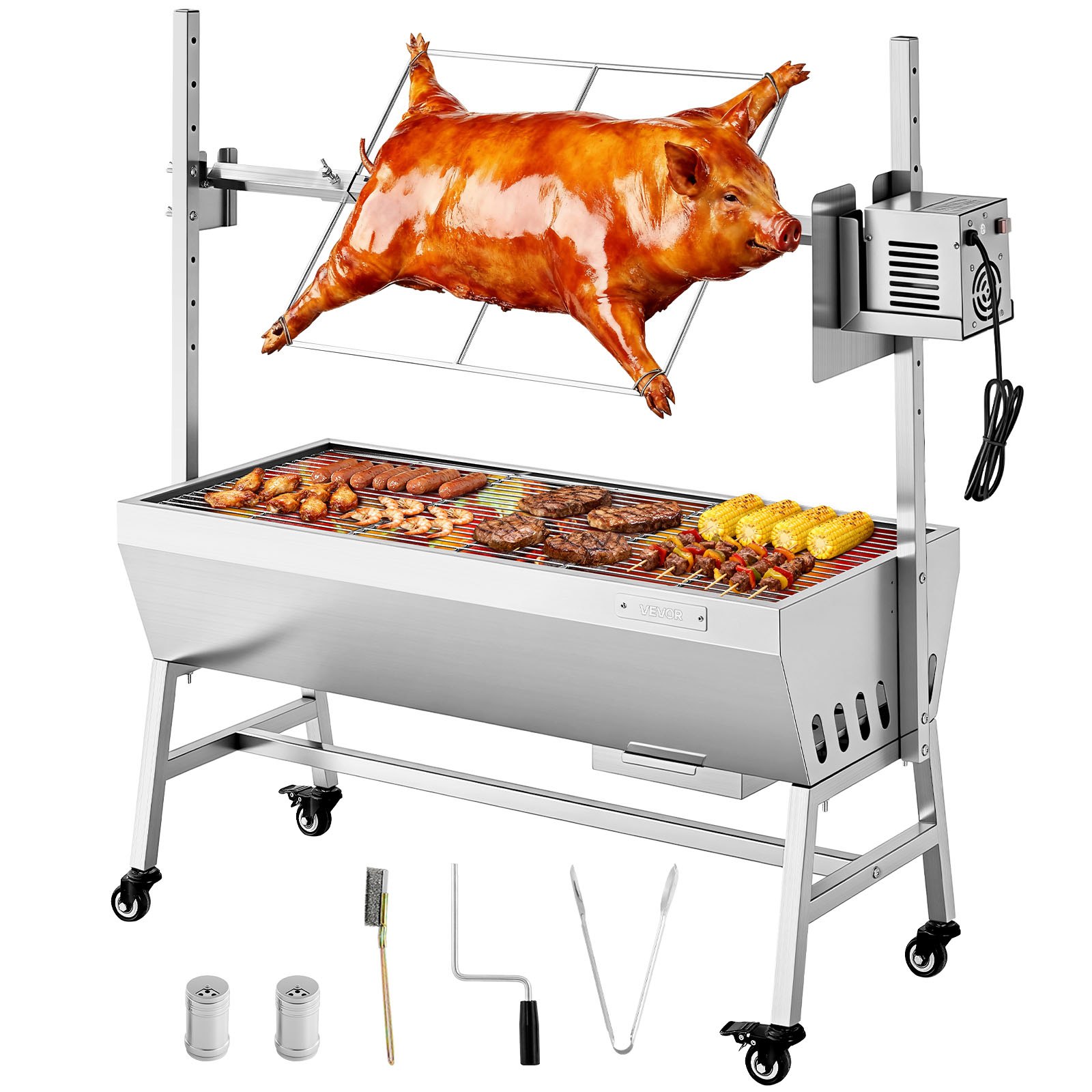 Varrasgrill 38 W BBQ õues sea- ja lambaliha varrasgrill 60 kg kandevõimega söega varrasgrill rattad ja 7 kõrgustaset