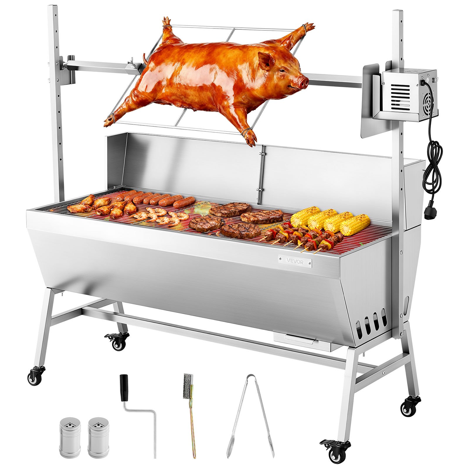 Varrasgrill 38 W BBQ õues kasutatav sea- ja lambaliha varrasgrill 60 kg kandevõimega söega varrasgrill rattad ja 4