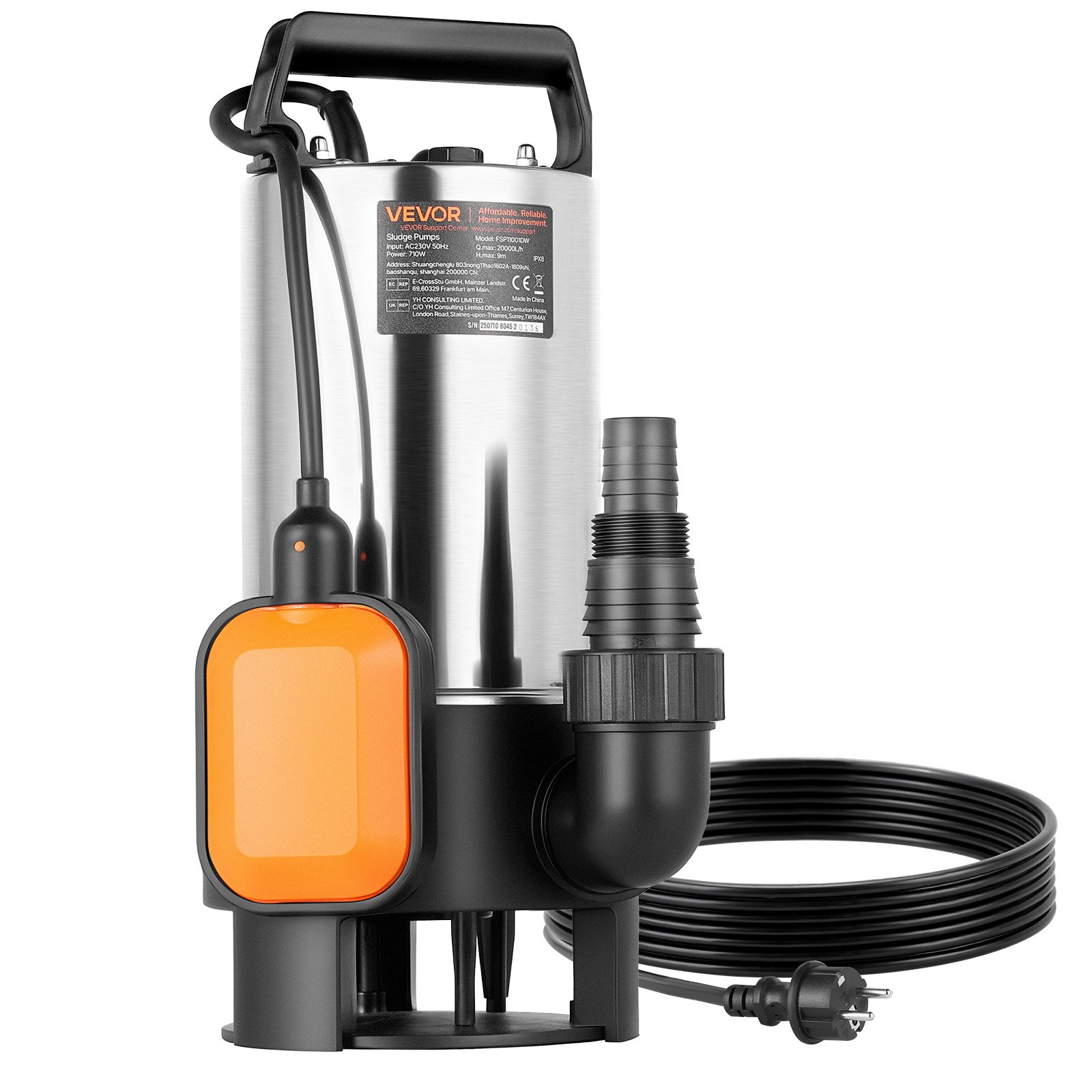 710 W sukeldatav pump 20000 l/h roostevabast terasest sukeldatav reoveepump automaatse ujuklülitiga pikk juhe