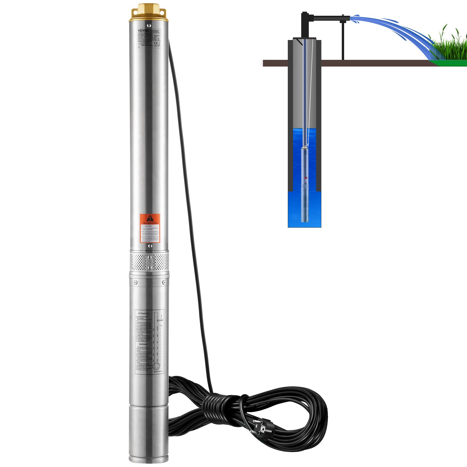 Süvakaukude sukeldatav pump, 2 hj/1500 W 230 V/50 Hz, 9,8 m³/h vooluhulk