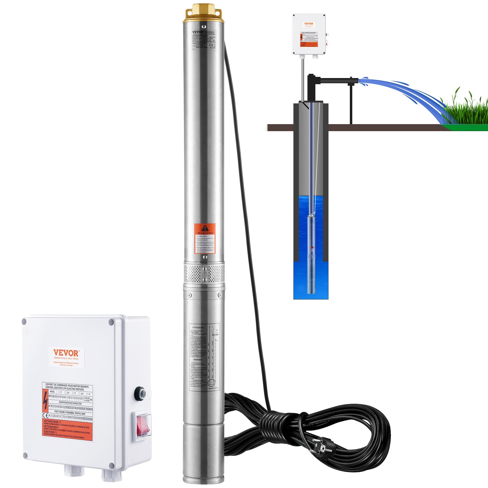 Süvakaukude sukeldatav pump, 2200W 230V, 9,8 m³/h vooluhulk 144 m tõstekõrgus