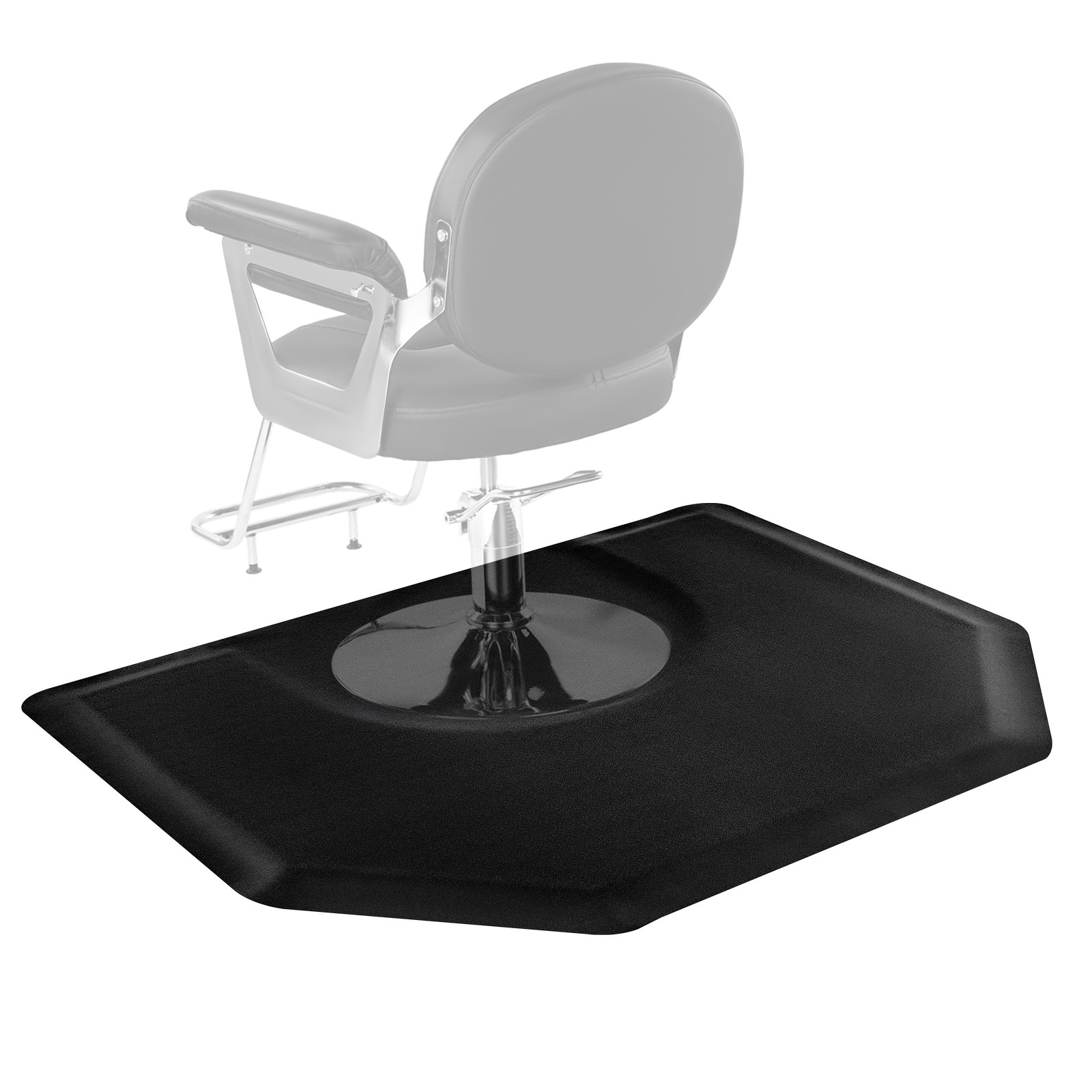 Juuksurimatt, 1225 x 1505 mm, kuusnurkne, väsimusvastane salongimatt, 13 mm paksendatud juuksurisalongi põrandamatt ümara väljalõikega, kergesti puhastatav PVC-pind ja komistusvastased kaldservad.