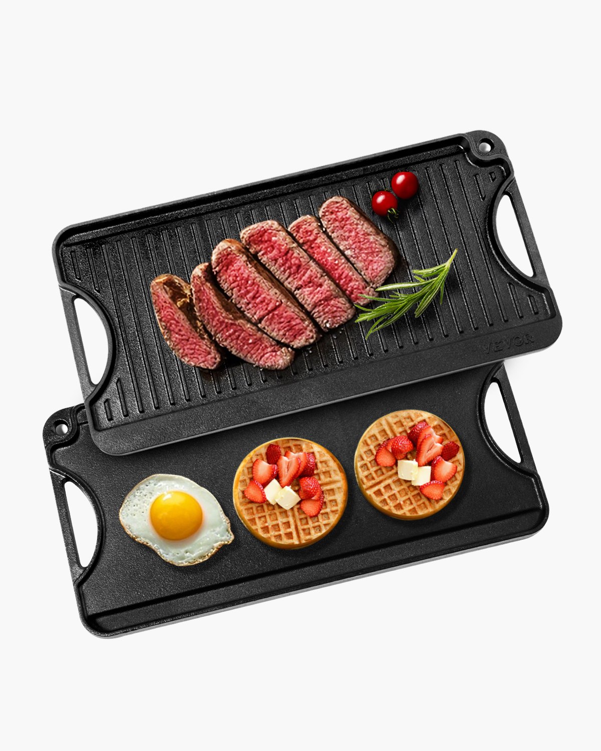 Pööratav grill/pann, 50,8 x 25,4 cm eelmaitsestatud malmist pann, kaasaskantav ristkülikukujuline pann käepidemega, perele mõeldud köögitarbed sise- ja välistingimustes kasutamiseks, gaasi- ja matkagrill, must