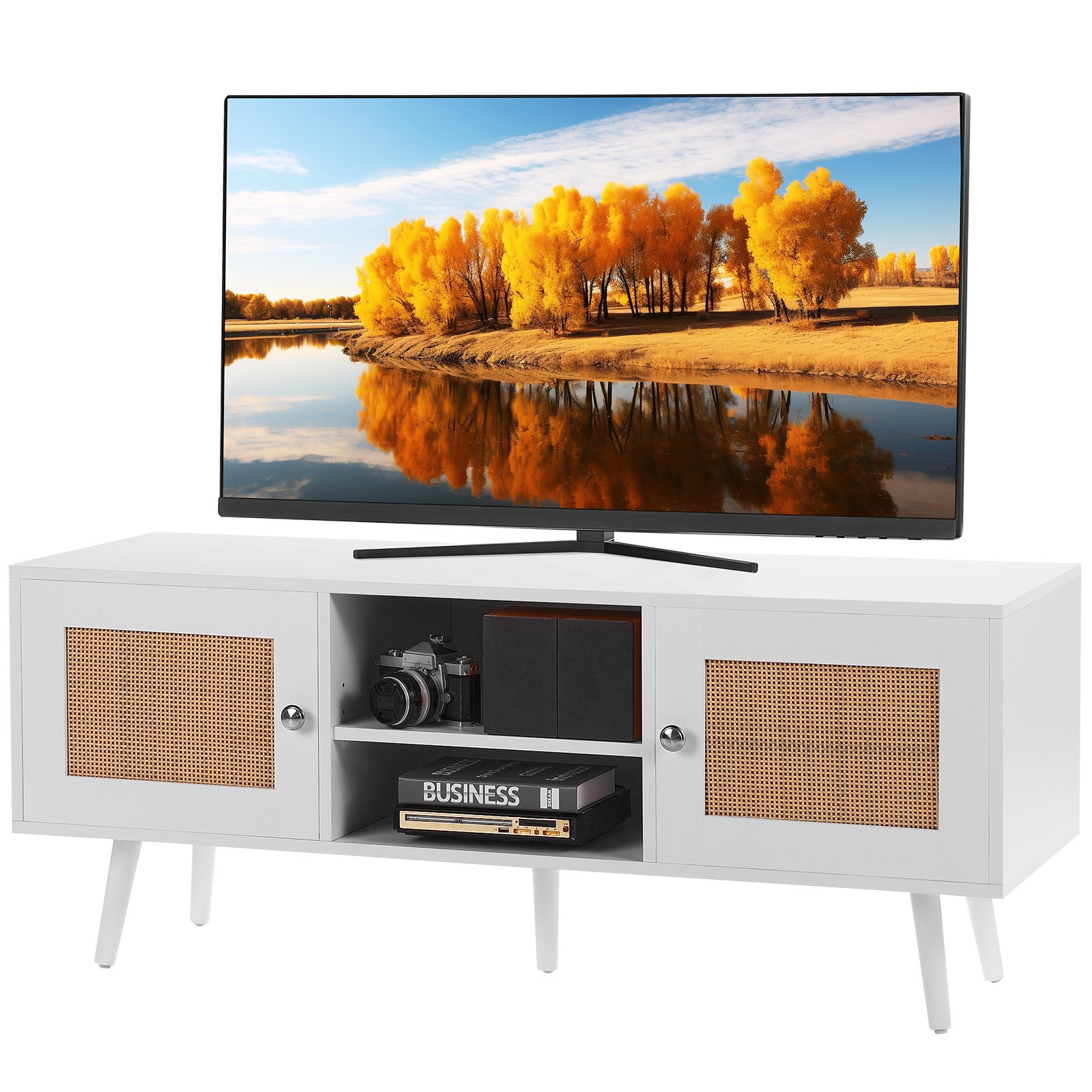 Rotangist telekaalus, boheemlaslik telekapp 140 cm telerile, kesksajandi moodne telekaalus, rotangist telerikonsool reguleeritavate riiulitega elutuppa, meediatuppa, valge