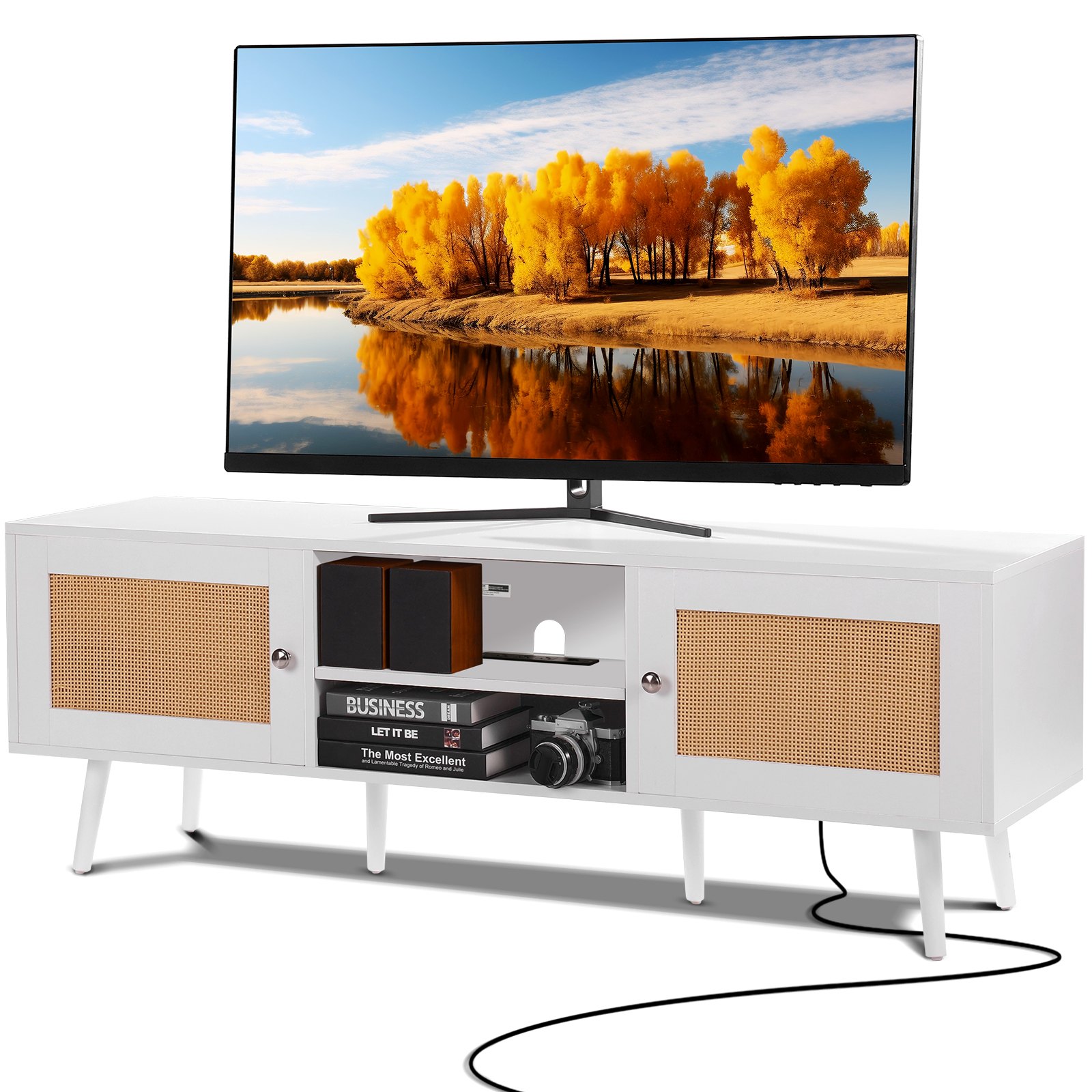 Rotangist telekaalus 165 cm telerile, boheemlaslik telekaalus rotangist uksega, meelelahutuskeskus sisseehitatud pistikupesa ja USB-portidega, moodne telekakonsool elutuppa, meediaruumi, valge