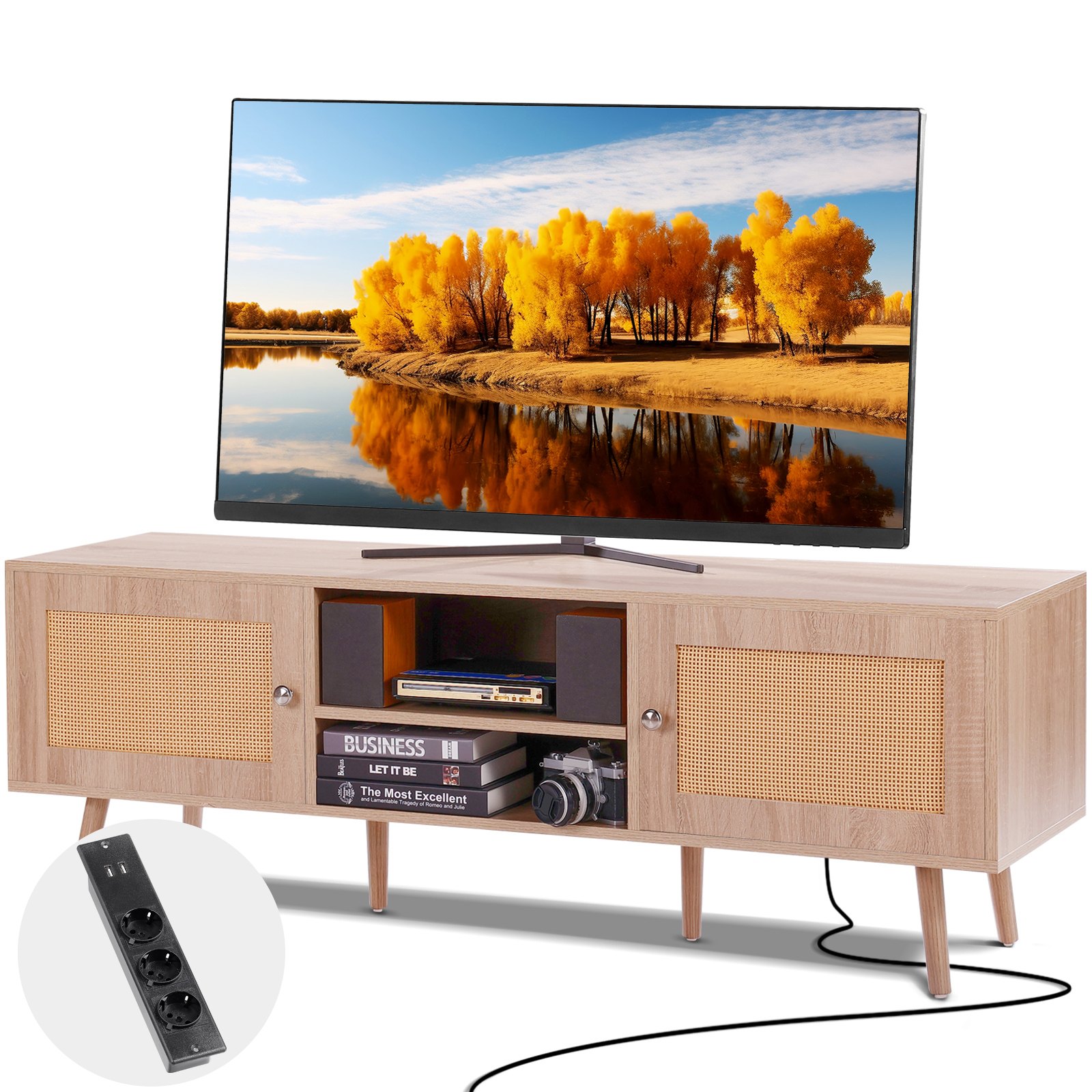 Rotangist telekaalus 165 cm (165,1 cm) telerile, boheemlaslik telekaalus sisseehitatud pistikupesaga, tammepuust