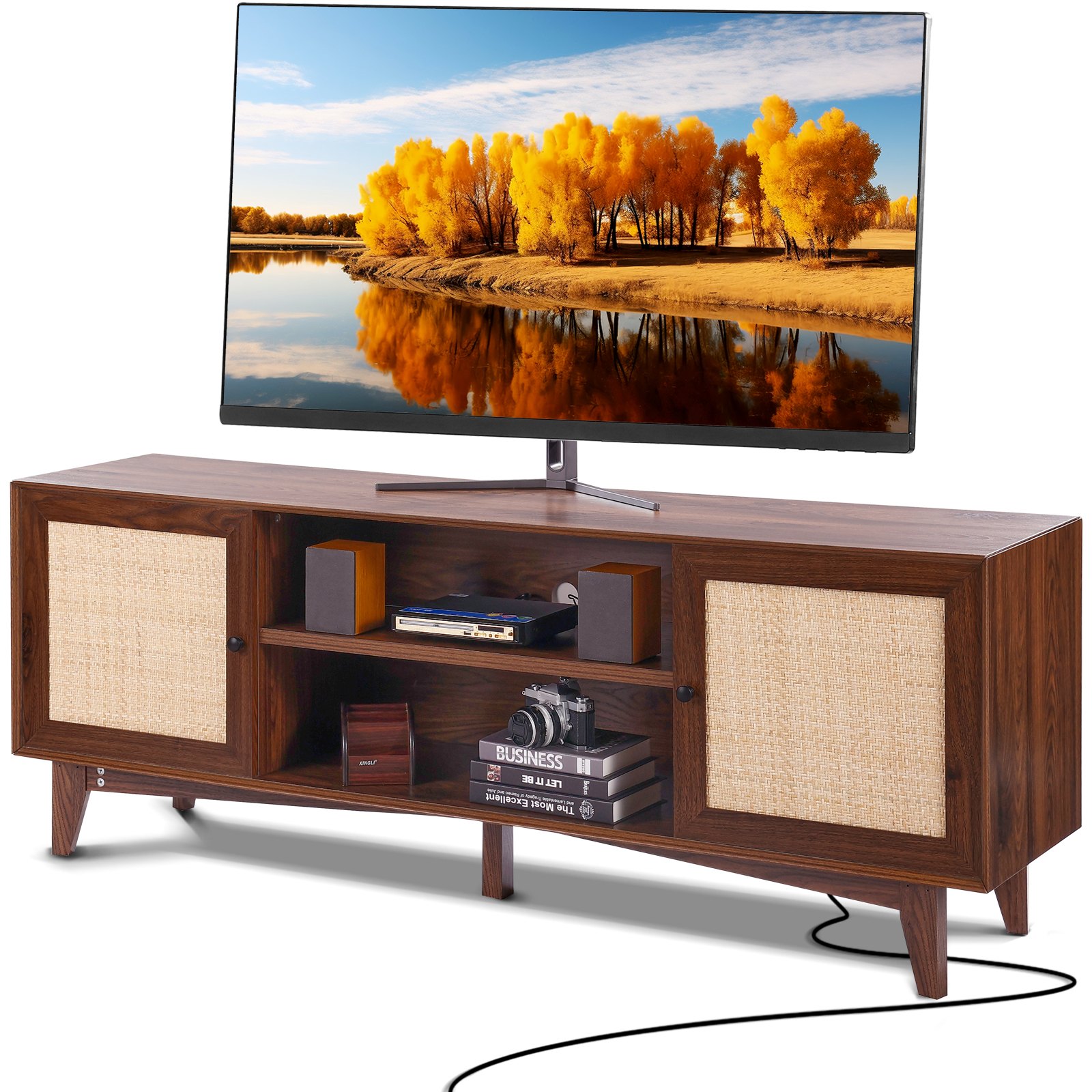 Rotangist telekaalus 191 cm, boheemlaslik televiisorikapp, pähklipuust televiisorikapp