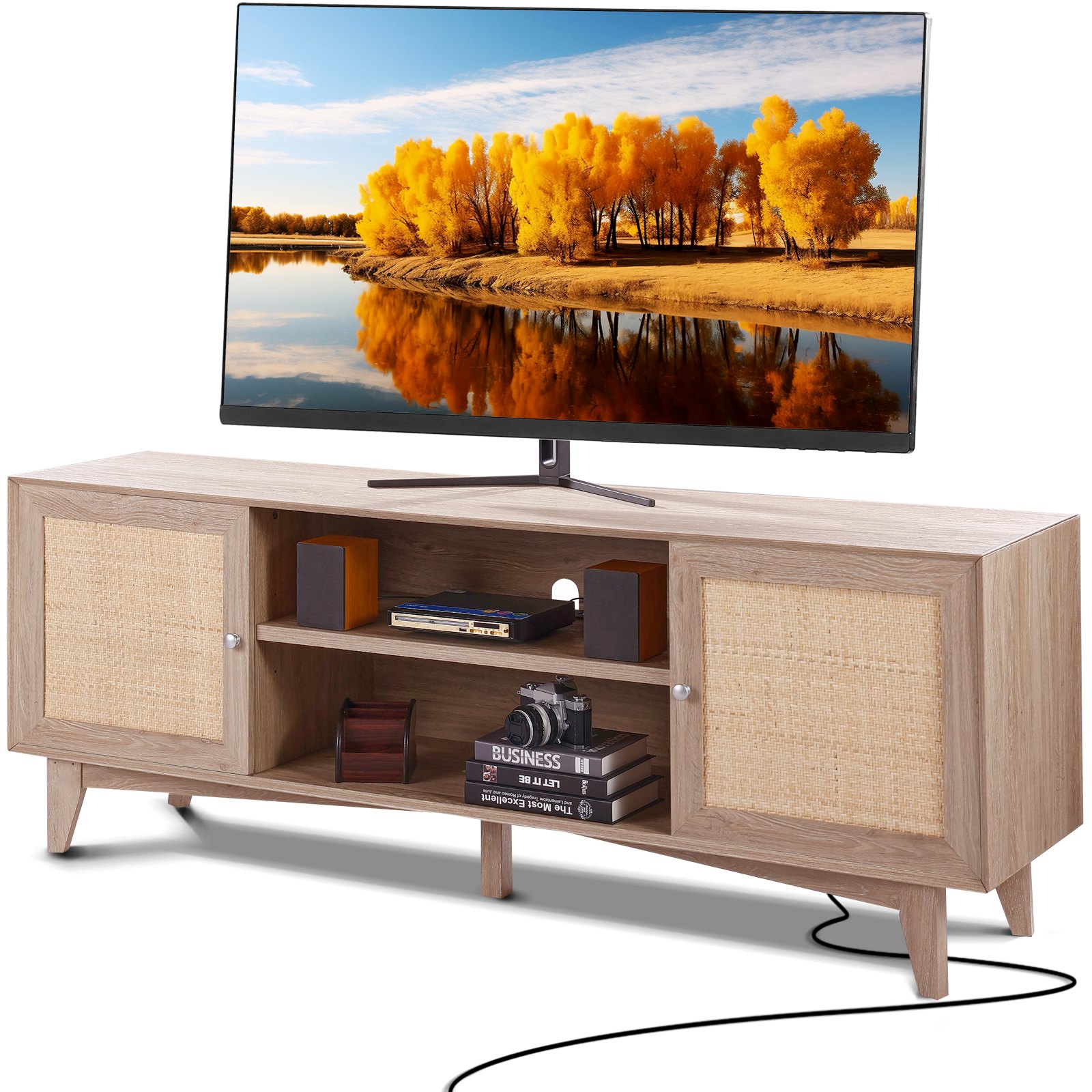 Rattan-TV-Ständer 191 cm Fernseher Boho-TV-Schrank Fernsehschrank Eiche