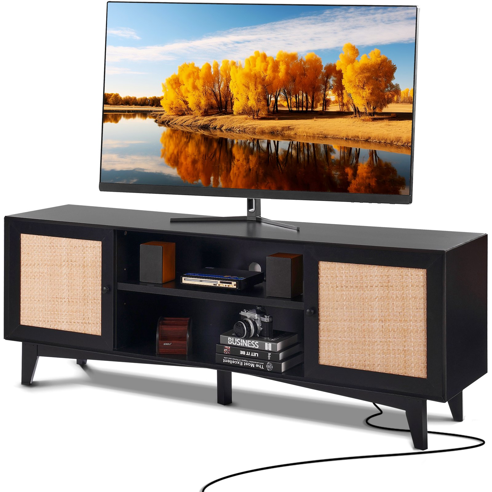 Rotangist telekaalus 191 cm telerile, boheemlaslik telekaalus rotangist uksega, meelelahutuskeskus sisseehitatud pistikupesaga, hoiukapp kahe riiuliga, moodne telekakonsool elutuppa, meediaruumi, must