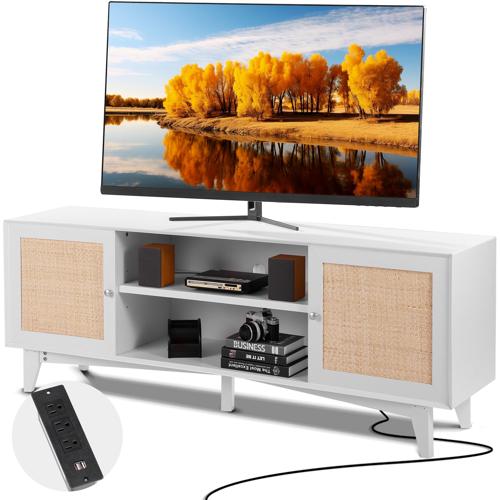 Rotangist telekaalus 191 cm, boheemlaslik televiisorikapp, valge televiisorikapp