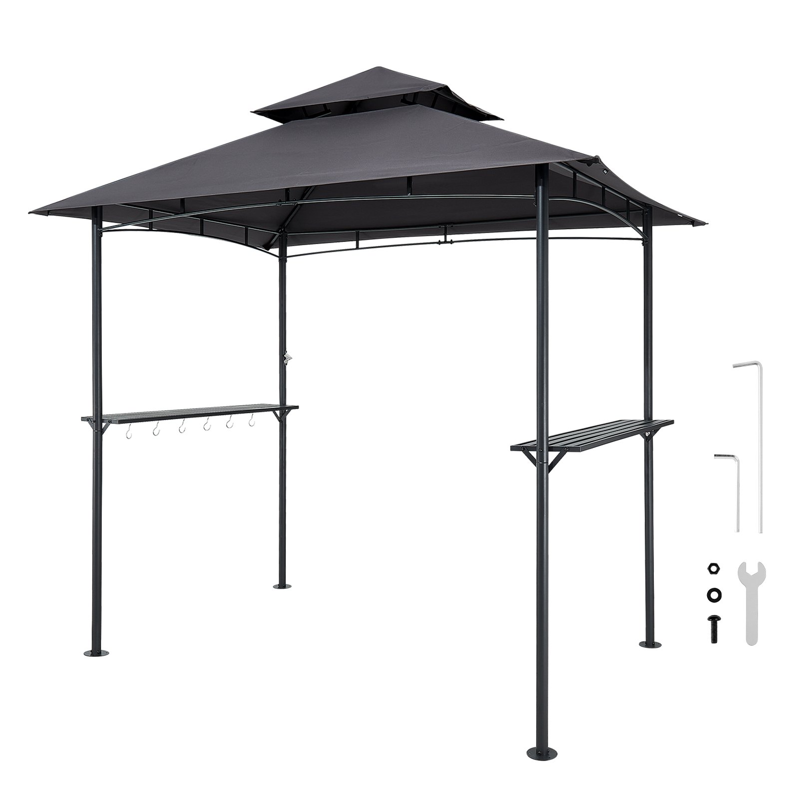 Grillvarikatus, 2,43 x 1,5 m välistingimustes kasutatav grillvarikatus kahetasandilise katusega, pulbervärvitud terasest terrassigrilli varjualune 2 külgriiuli ja 8 konksuga, grillimisvarikatus terrassi, aia, pikniku ja grilli jaoks