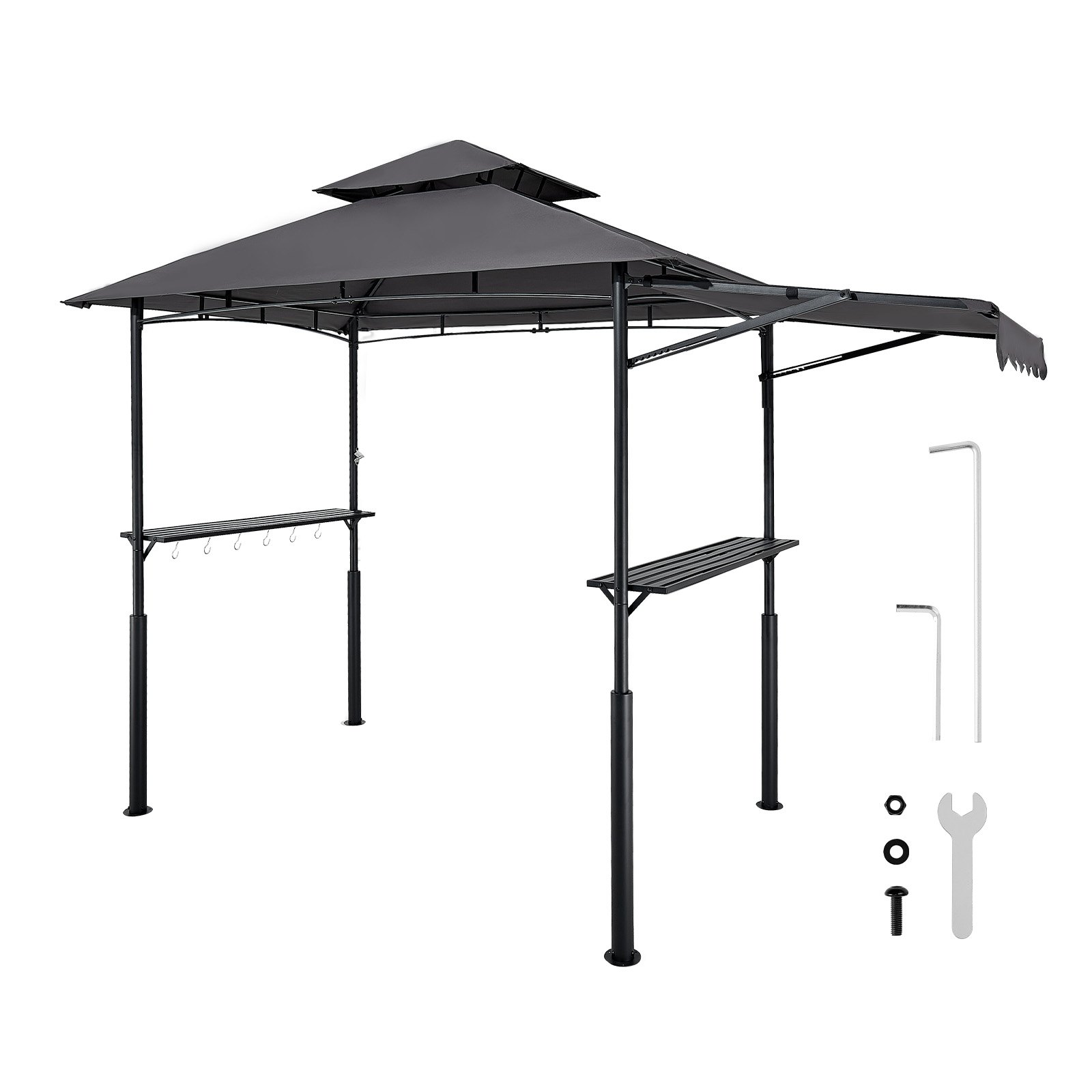 Grillvarikatus, 2,43 x 1,5 m kahetasandilise ülaosaga, tugevdatud grillvarikatus lisavarikatusega, pulbervärvitud terasest terrassigrilli varjualune kahe külgriiuli ja konksudega, õuegrilli varikatus aeda