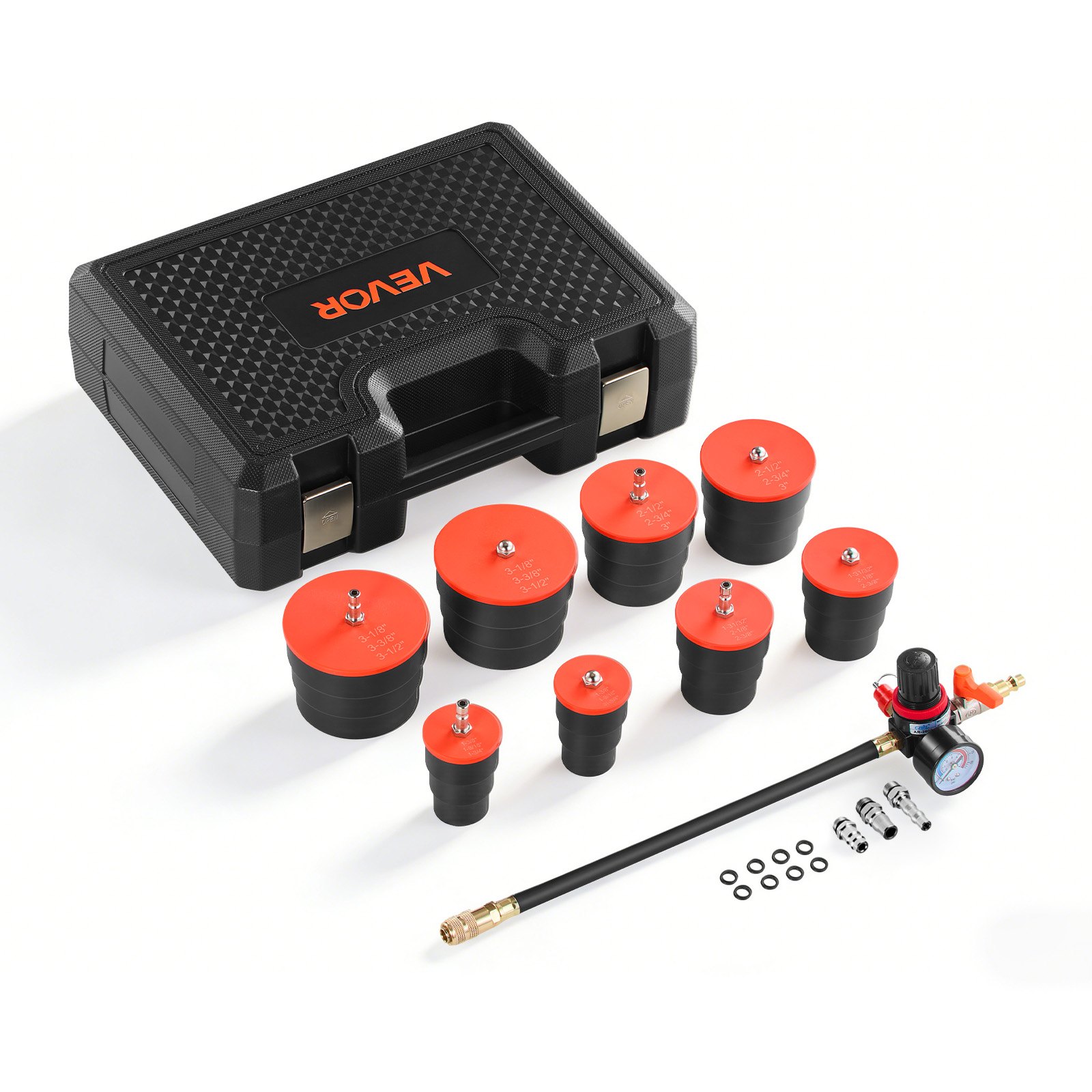 Turboülelaadimise lekke testkomplekt, 0-80 PSI klapi manomeetri vahemik, turbosüsteemi lekke testkomplekt 4 paari astmeliste adapterite ja 4 paari standardsete õhuliitmikega vahejahuti ja sisselasketorustiku testimiseks