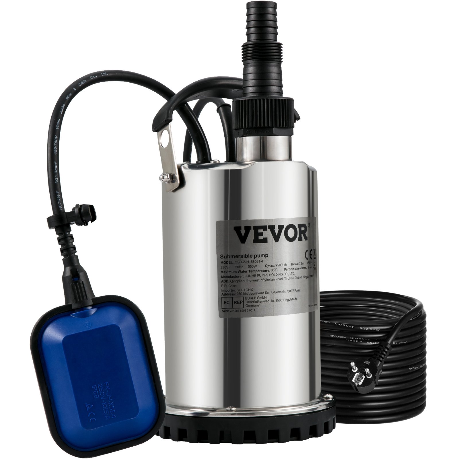 Sukeldatav veepump, 550W 9500L/H, 10 m juhtme ja automaatse ujuklülitiga