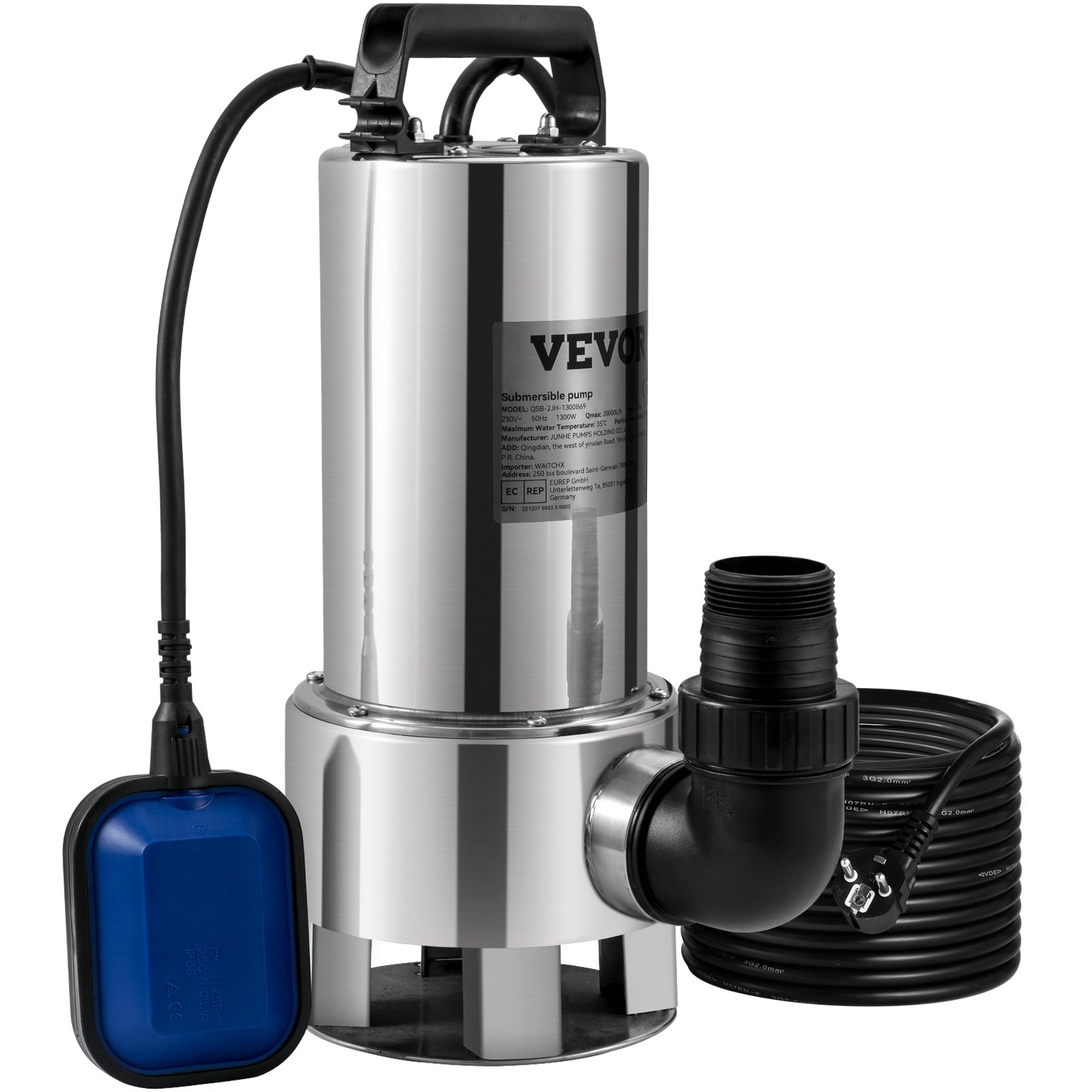 Sukeldatav veepump 1300 W 20000 l/h 10 m juhtme ja automaatse ujuklülitiga roostevabast terasest ja malmist määrdunud