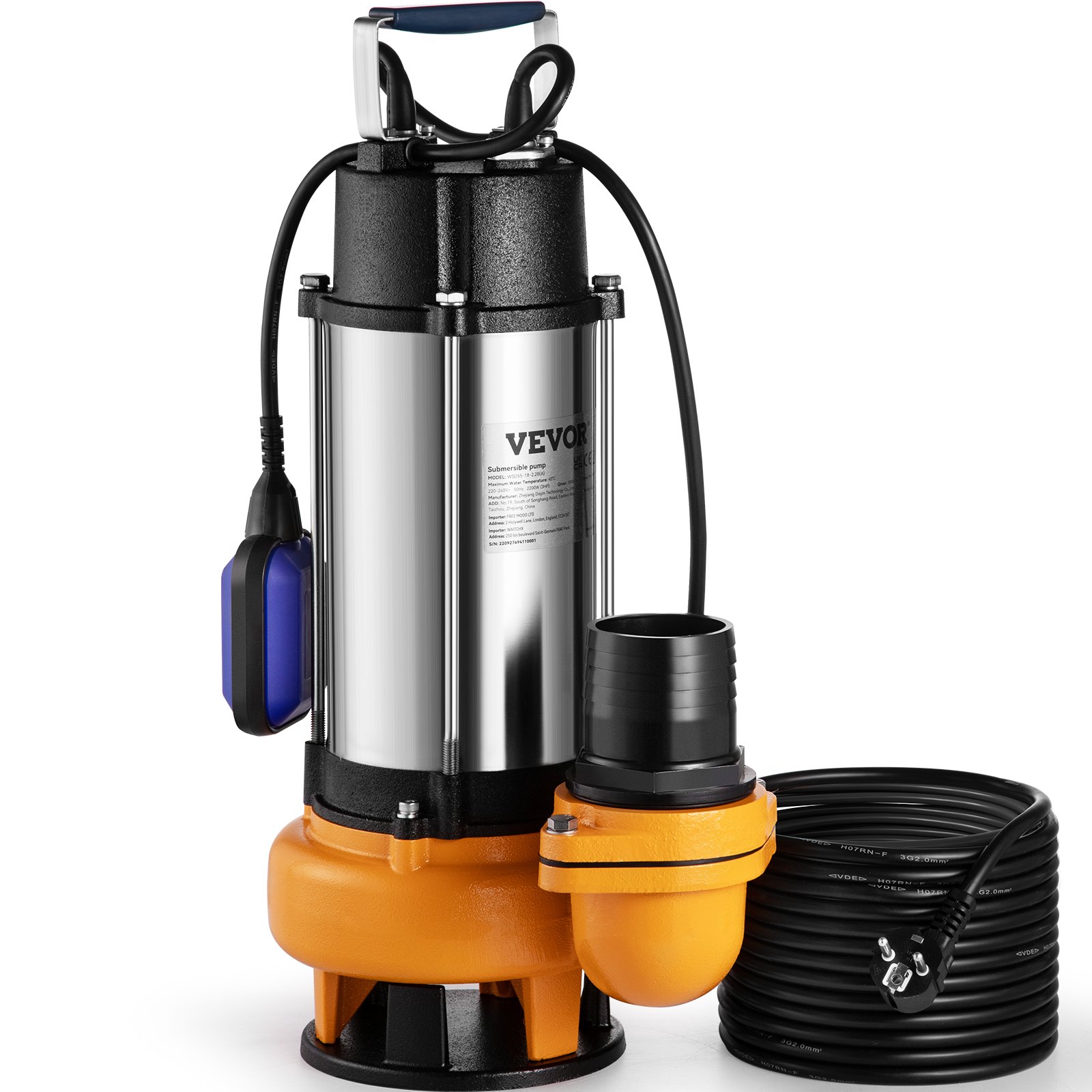 Sukeldatav veepump 2200 W 60000 l/h 8 m juhtme ja automaatse ujuklülitiga kaasaskantav roostevabast terasest määrdunud