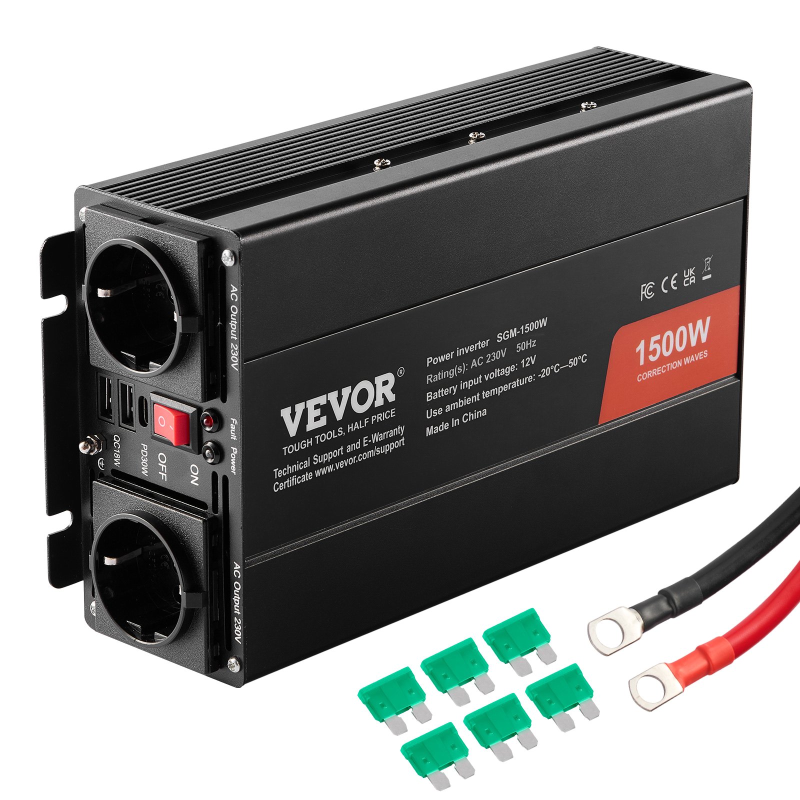 Modifitseeritud siinuslaine inverter, 1500W, 2 USB-porti, 1 Type-C-port ja 6 varukaitset