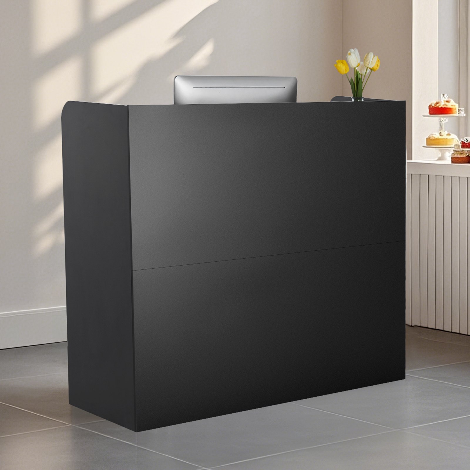 Vastuvõtulaud, 120 x 48 x 100 cm ristkülikukujuline esilauaga laud, kontori vastuvõtulett lukustatava sahtli ja hoiukapiga, kassasse, fuajeesse, ilusalongi ja kontorisse, must