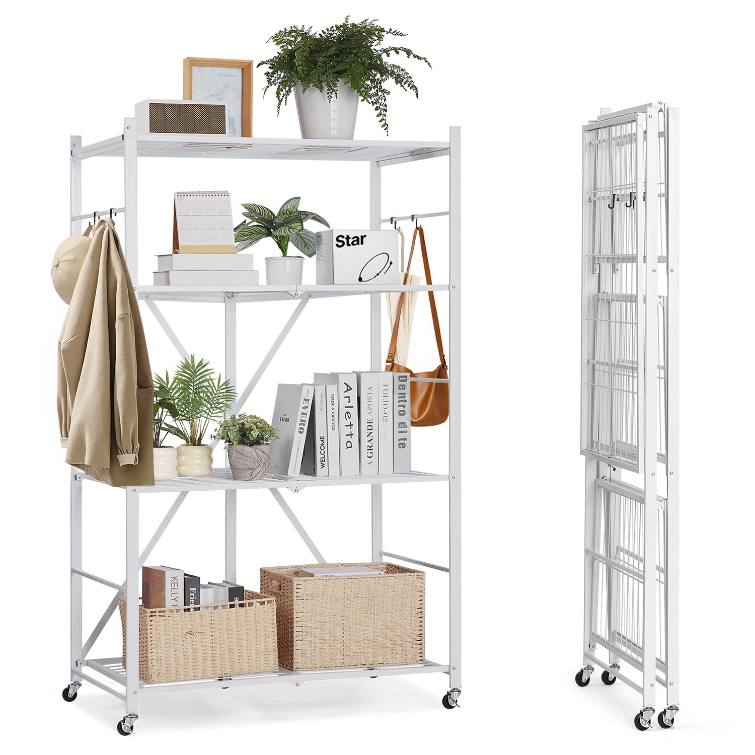 4-tasandiline kokkupandav hoiuriiul, 91,4 x 53,3 x 152 cm kokkupandav metallist riiul, kokkupanekut mittevajav organiseerijariiul 5 ratta ja 4 konksuga sahvri, köögi, garaaži, keldri jaoks, valge