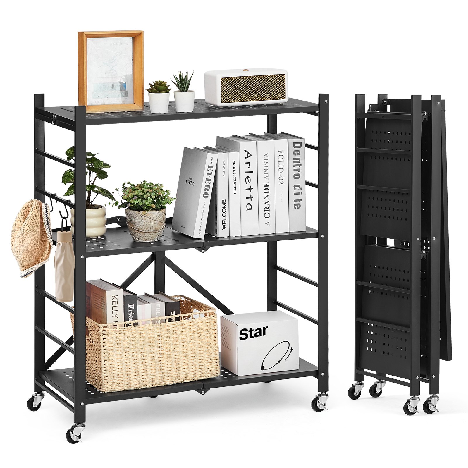 3-tasandiline kokkupandav hoiuriiul, 76,2 x 33 x 91,4 cm kokkupandav metallist riiul, kokkupanekut mittevajav organiseerijariiul 5 ratta ja 4 konksuga sahvri, köögi, garaaži, keldri jaoks, must