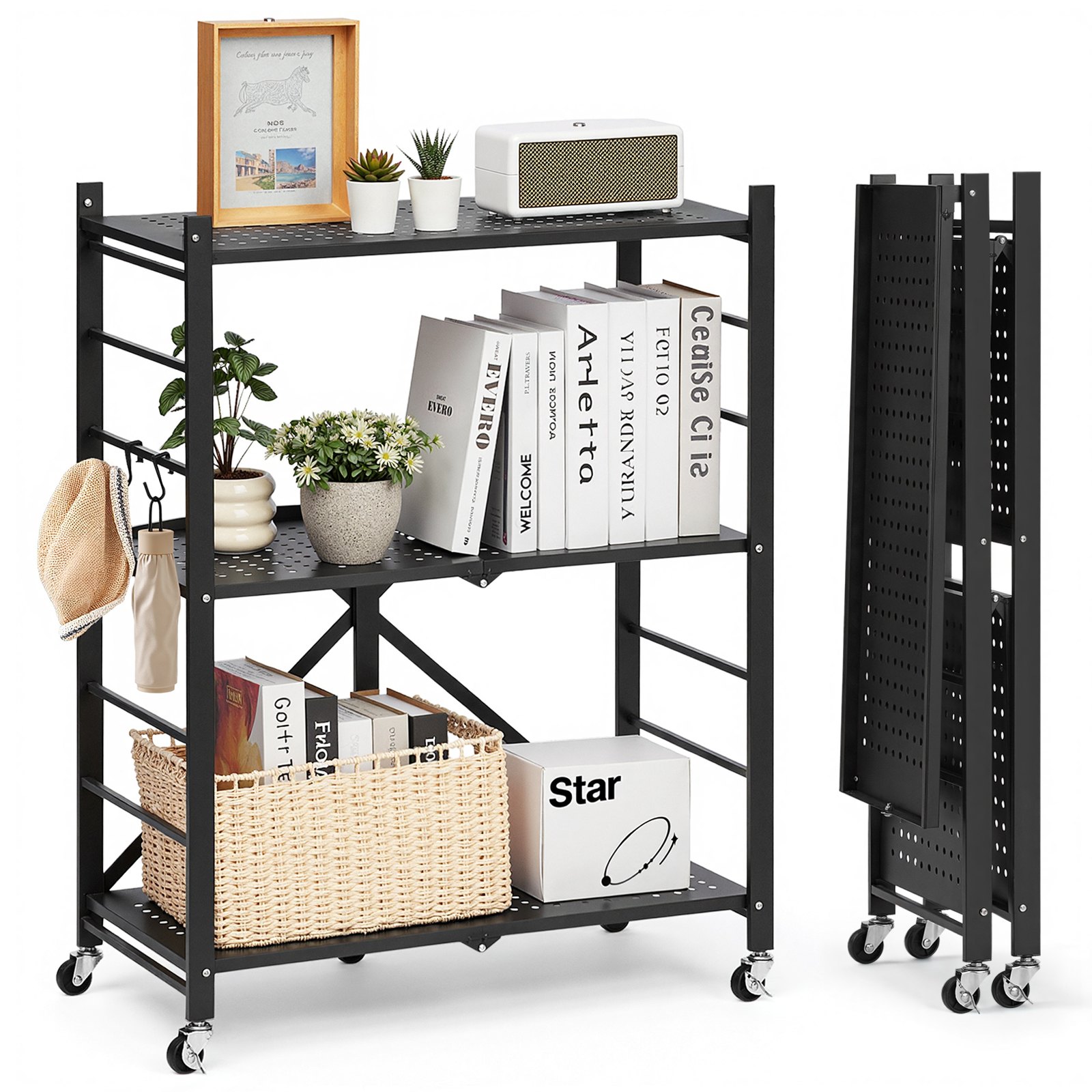 3-tasandiline kokkupandav hoiuriiul, 71,1 x 33 x 91,4 cm kokkupandav metallist riiul, kokkupanekut mittevajav organiseerijariiul 5 ratta ja 4 konksuga sahvri, köögi, garaaži, keldri jaoks, must