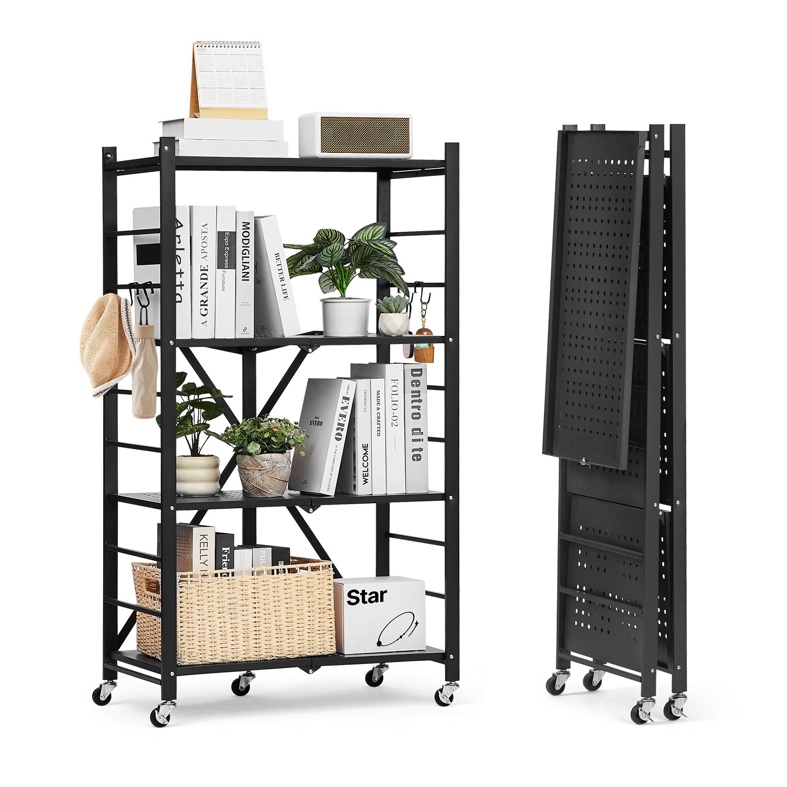 4-tasandiline kokkupandav hoiuriiul, 66 x 33 x 117 cm kokkupandav metallist riiul, kokkupanekut mittevajav organiseerijariiul 5 ratta ja 4 konksuga sahvri, köögi, garaaži, keldri jaoks, must