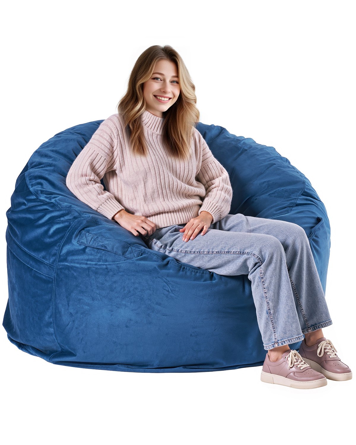 Tumbatool (Bean Bag), eemaldatava ja pestava sametkattega kõrge tihedusega täitega kott-tool täiskasvanutele, käepideme ja taskuga, sinine
