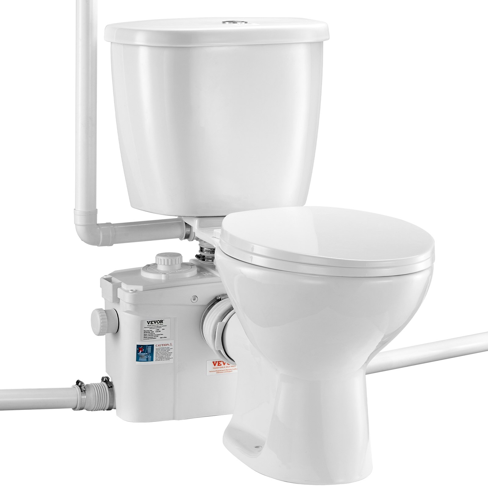 Purustav tualettsüsteem võimsa 800 W purustava pumbaga, tagant väljavooluga ja ülesvooluga tualett keldrisse, kahe loputusega vee äravool, purustava tualettsüsteemi komplekt 4 sisselaskeavaga, ruumisäästlik