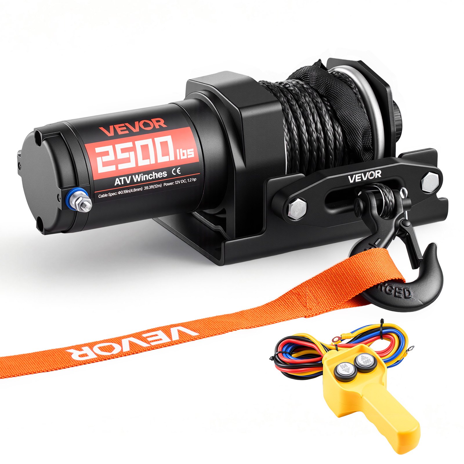 1134 Kg elektrivints, 12 V alalisvoolu ATV/UTV vints Φ4,8 mm x 12 m sünteetilise köie ja juhtmega kaugjuhtimispuldiga, IP55 veekindel, alumiiniumkorpus, juhtme kinnitusplaat ATV pukseerimiseks, must