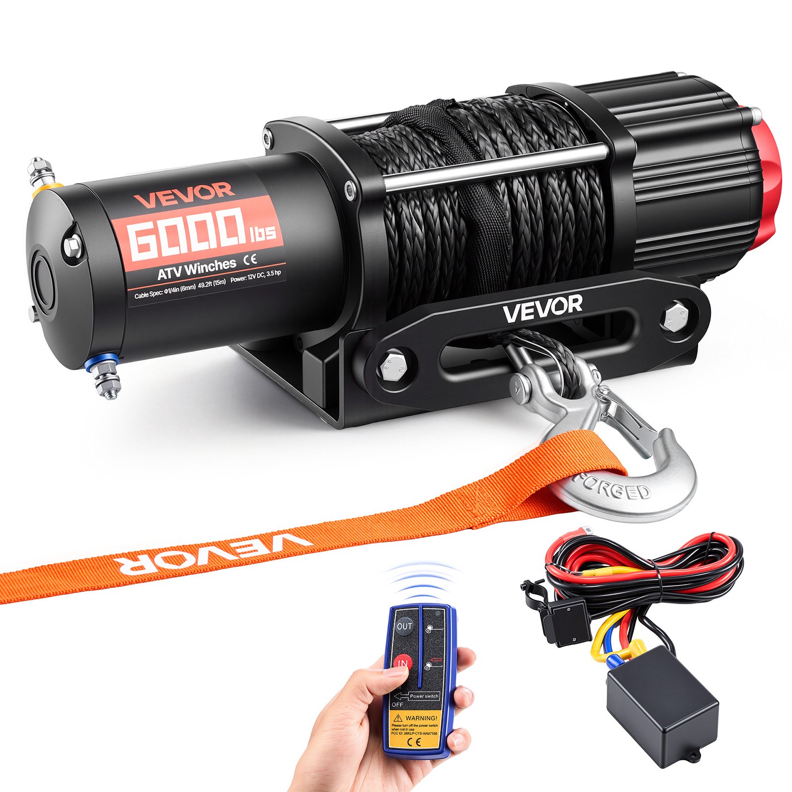 2721 Kg elektrivints, 12 V alalisvoolu ATV/UTV vints Φ6 mm x 15 m sünteetilise köiega, juhtmevaba ja juhtmega kaugjuhtimispult, IP55 veekindel, juhtmevaba kinnitusplaadiga ATV ja UTV pukseerimiseks maastikul