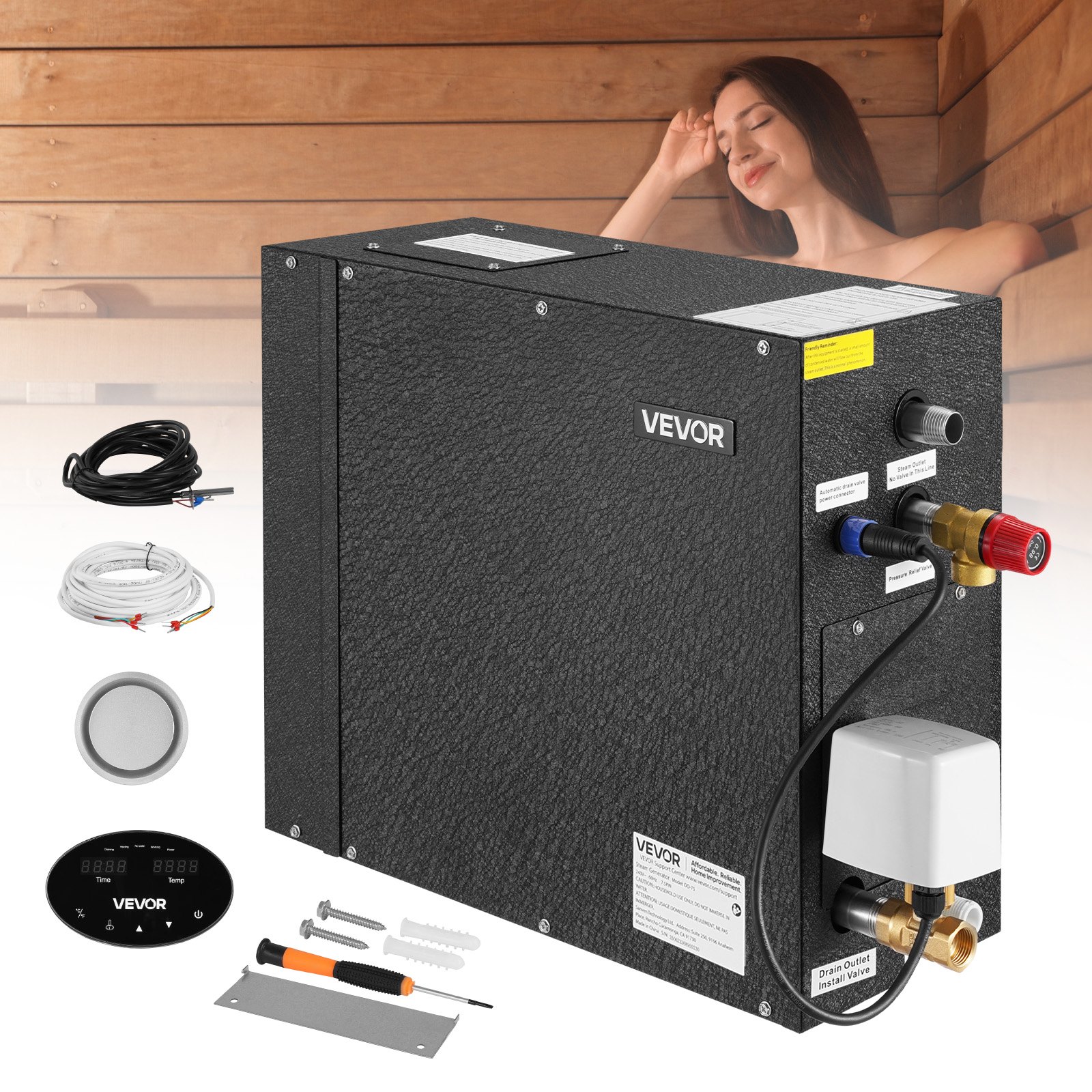 Aurugeneraator, 7,5 kW aurusaunasüsteem kontrolleriga koduse sauna ja spaa jaoks, ärihoone automaatne äravoolukomplekt ülekuumenemise, kuivkäigu ja ülerõhu kaitsega, 10 minutist kuni 24 tunnini efektiivne, must