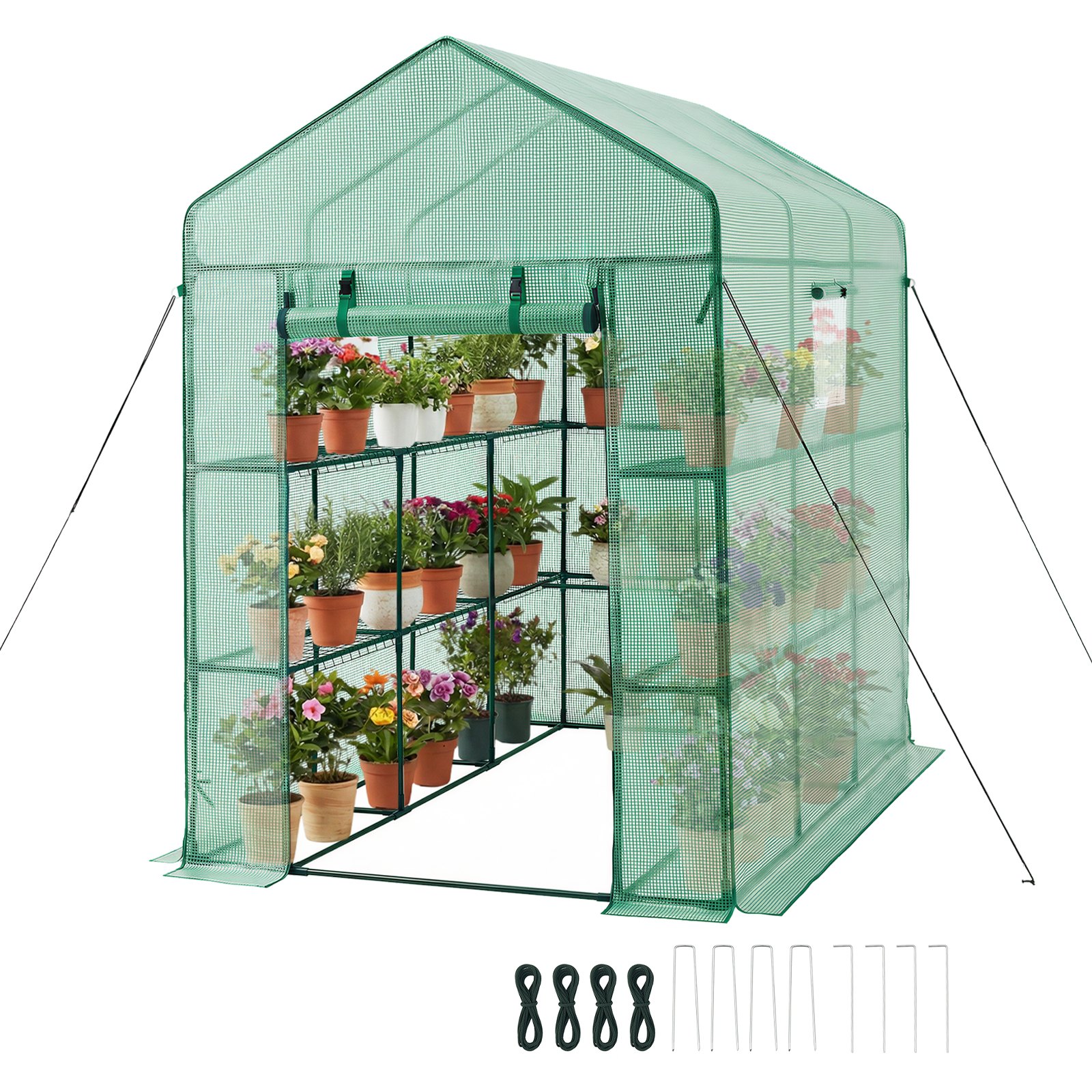 Sisseastutav kasvuhoone 137 x 206 x 196 cm akendega õuekasvuhoone PE-kate 2 tasandit 14 riiulit rull-tõmblukuga uks