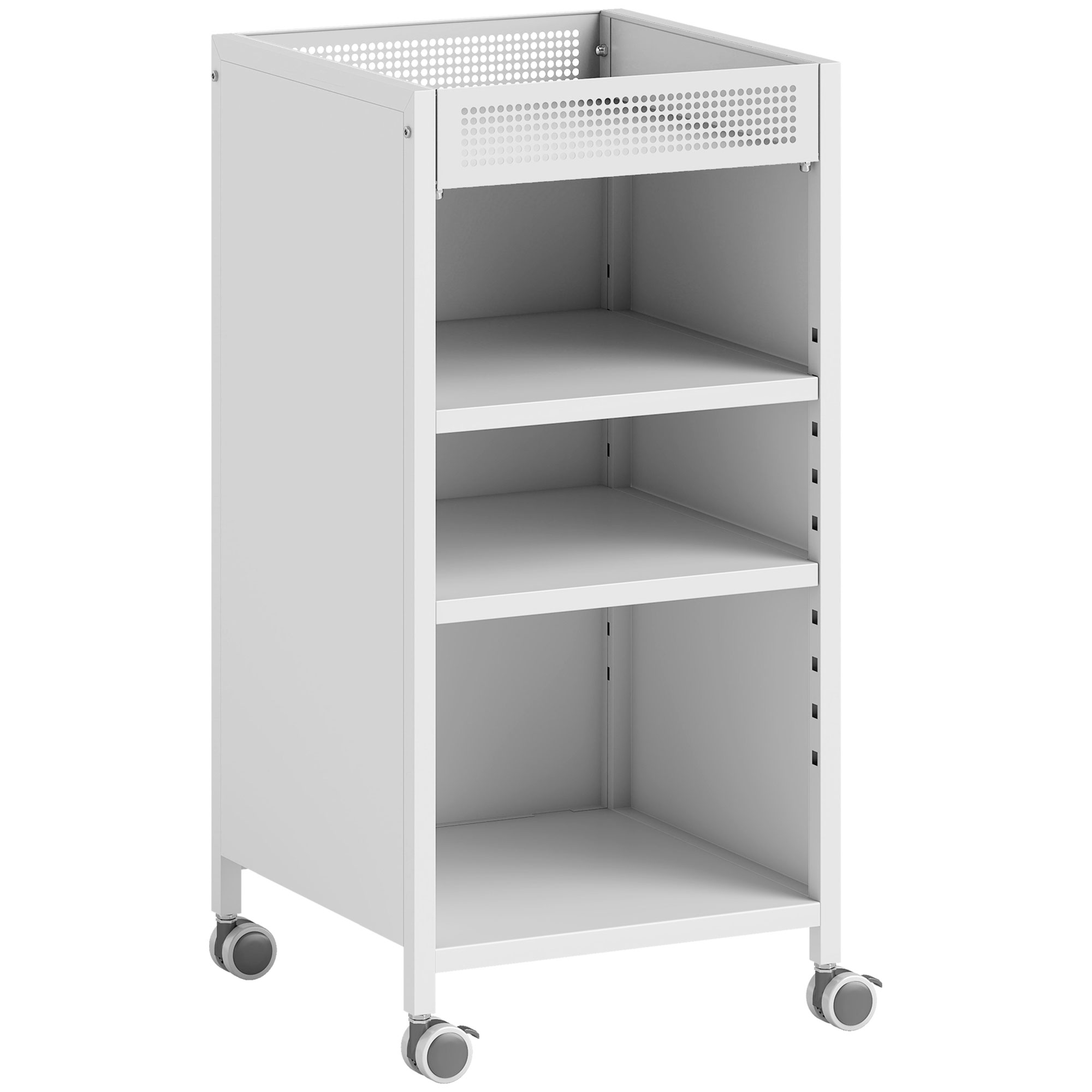 Mobiilne raamaturiiul reguleeritavate riiulitega, 3-astmeline ratastel käru ülemise korviga, valge