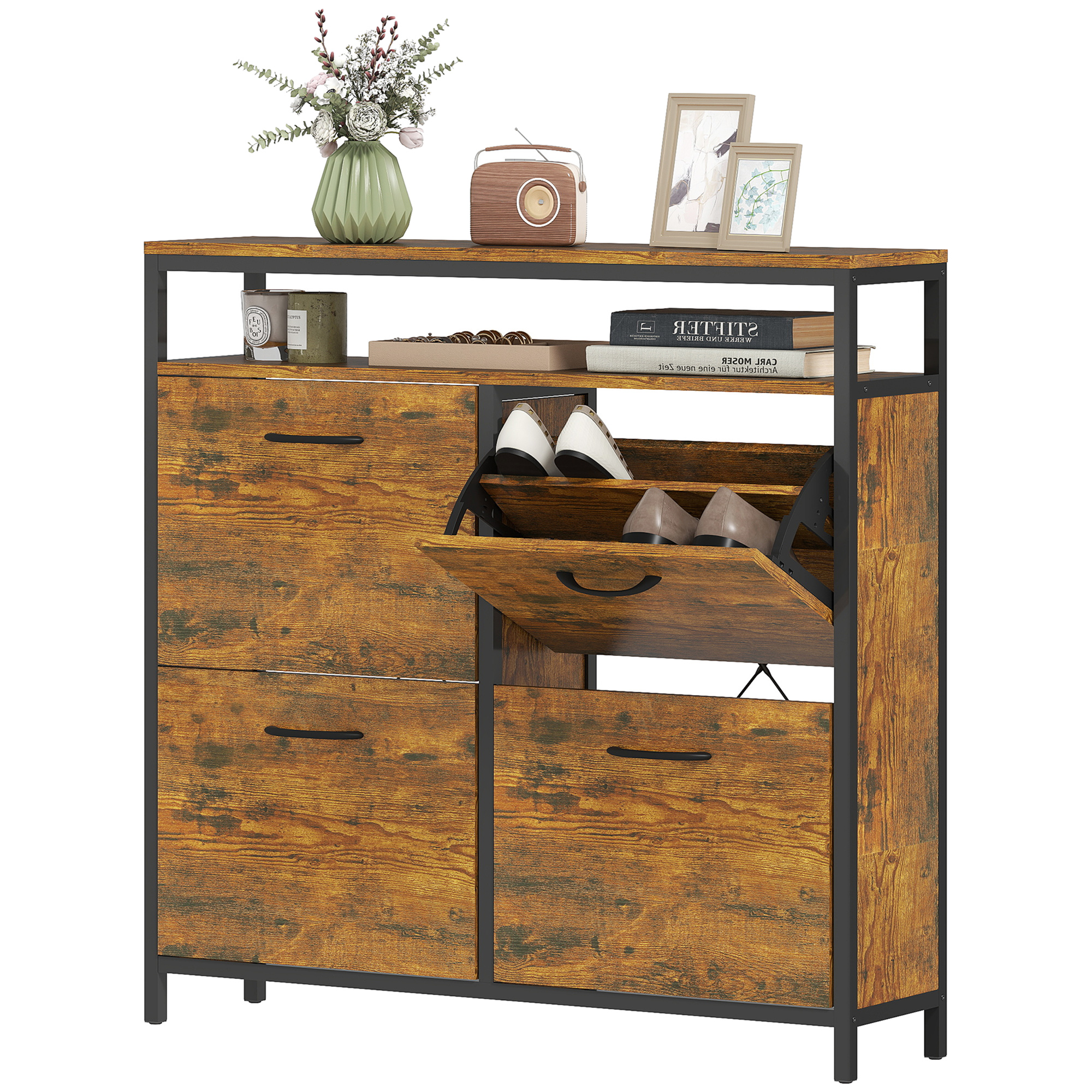 Kingakapp 4 allaklapitava sahtliga, õhuke disain, avatud riiul, 12-20 paarile kingi, teras, pruun