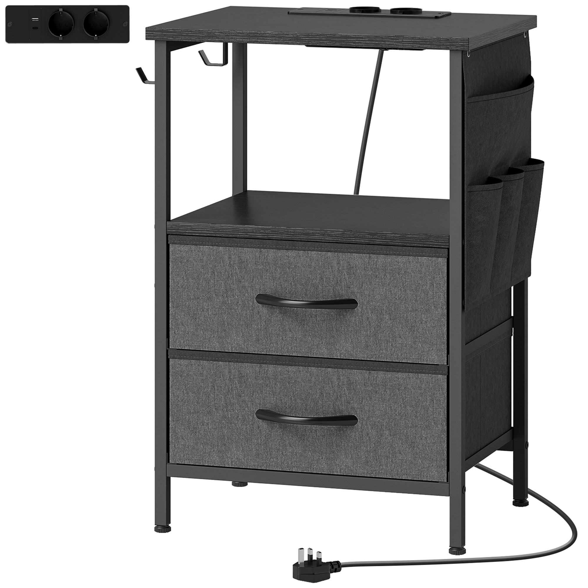 Kohvilaud/külglaud laadimisjaamaga, terasraam, USB-C pesad, sahtlid, konksud, 40cm x 30cm x 60cm, must