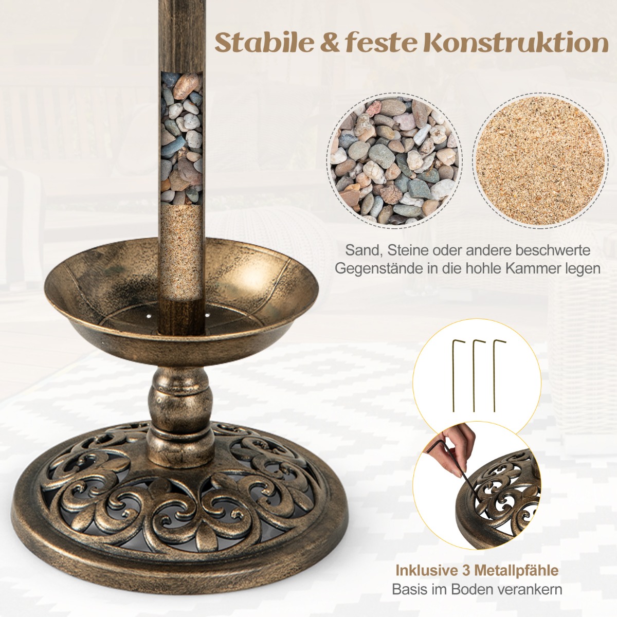 Linnuvann päikesevalgusega lillepoti linnusöötjaga Ã˜43 x 110 cm pronks