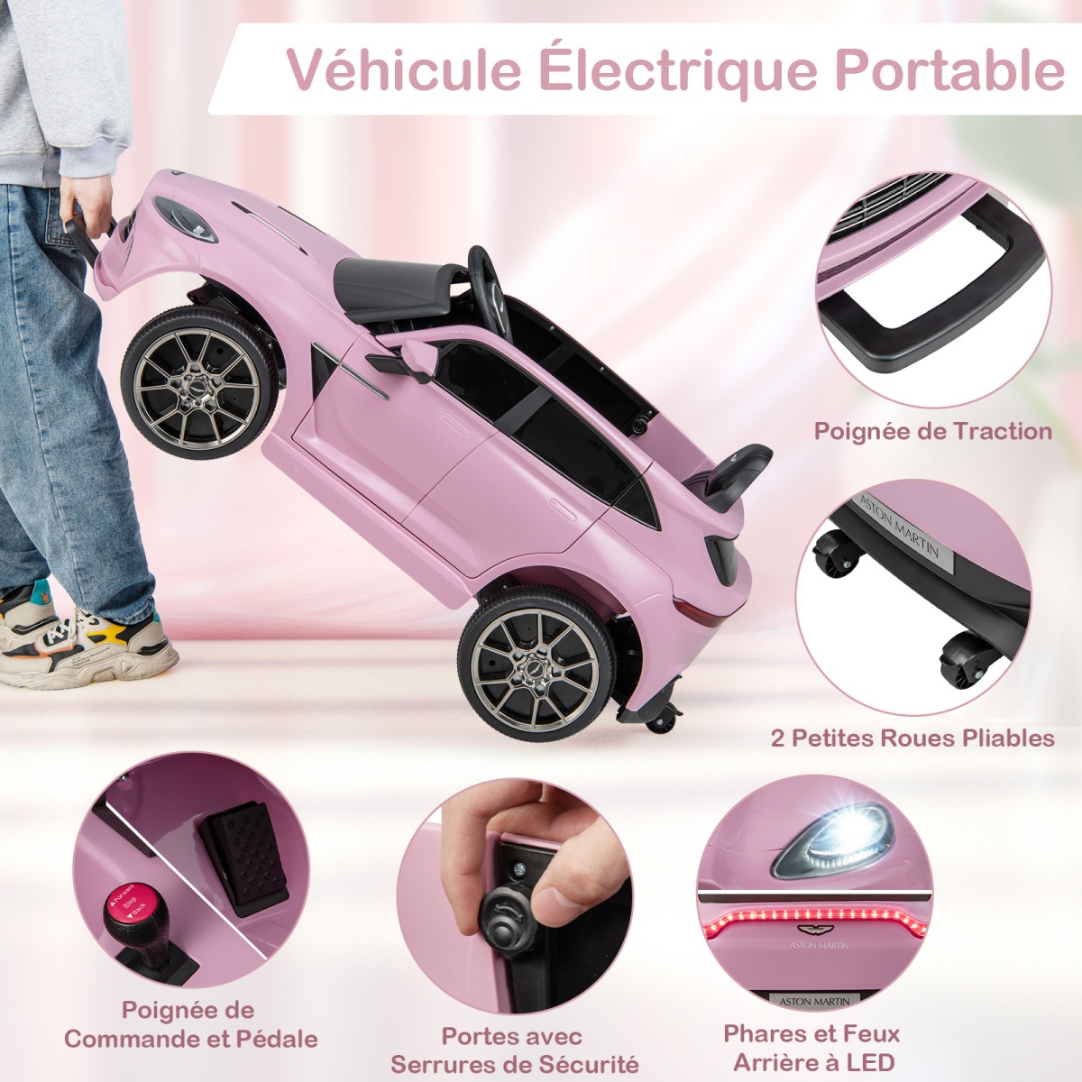 Ametliku litsentsiga Aston Martin 12V elektriline lasteauto koos puldi, signaali, muusika ja LED-tuledega (3–8 aastat), roosa