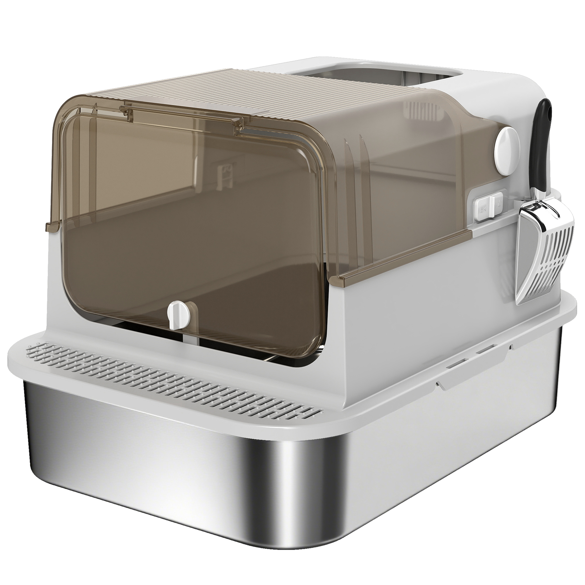 XXL roostevabast terasest kassiliivakast hingedega kaanega, kassiliivakast kühvliga, suurtele kassidele kuni 12 kg, kergesti puhastatav