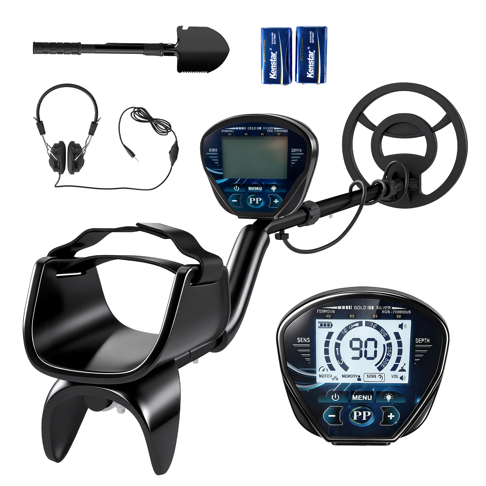 IP68 veekindel metallidetektor 3 režiimiga, kõrvaklapid, labidas, mähis, 7-tolline LCD-ekraan, tuvastussügavus