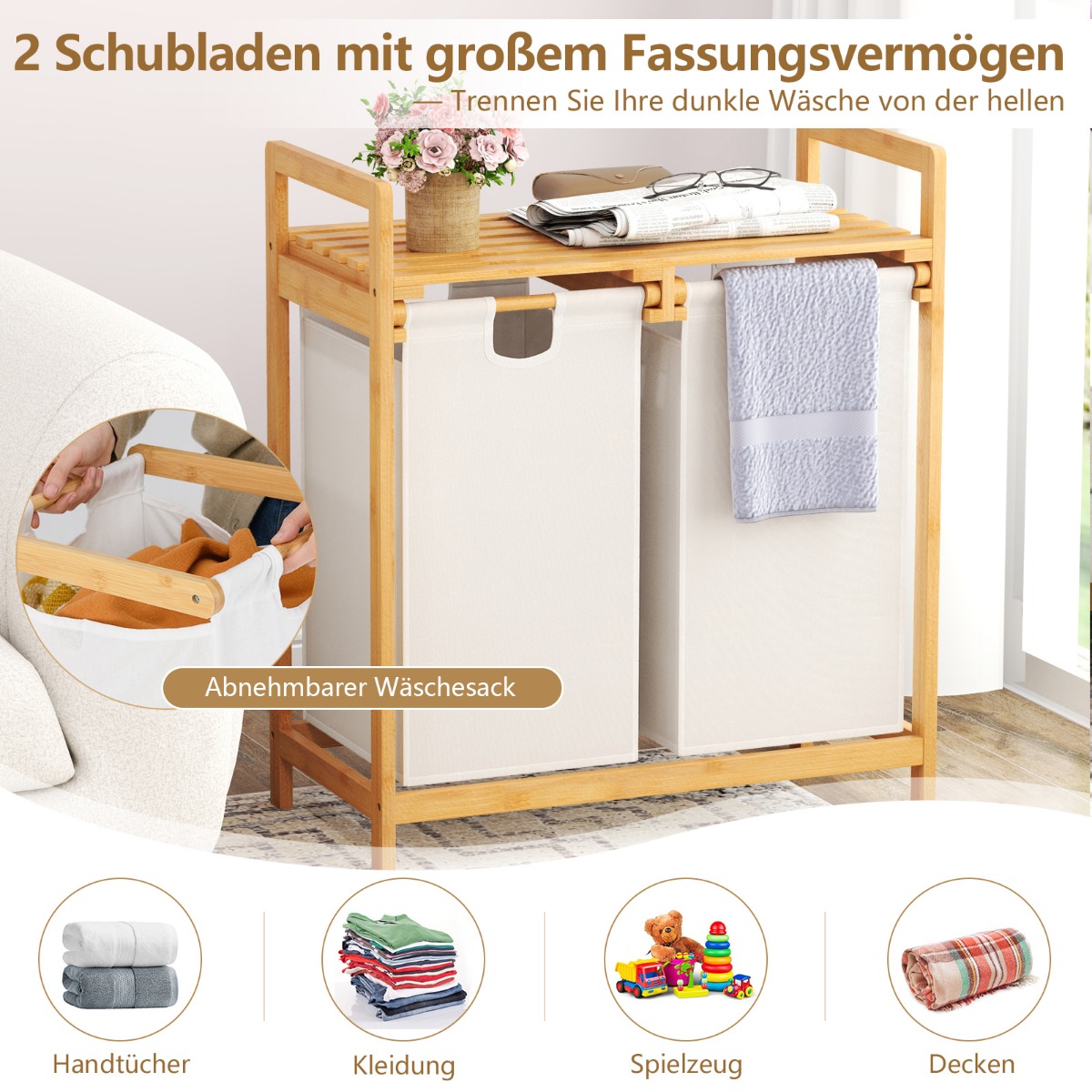 Pesukorv 2 sektsiooniga 2 väljatõmmatava pesukotiga pesukogur riiuliga valge