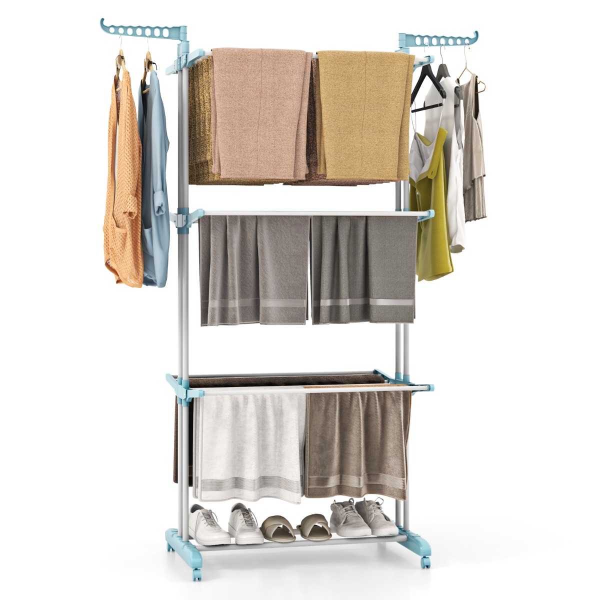 3-astmeline kokkupandav pesukuivati pöörlevate külgtiibadega 127 x 63 x 171 cm sinine