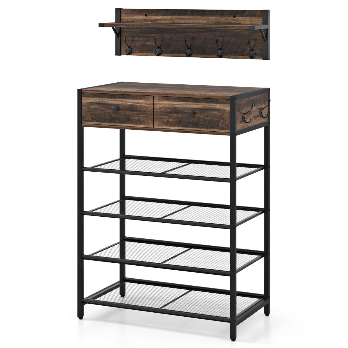 Kingariiul ja seinanagi komplekt konksude sahtlite ja hõljuva riiuliga