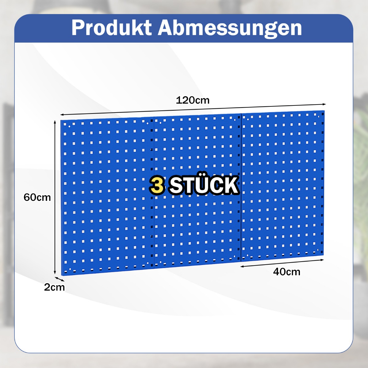 Tööriistasein tööriista augusein 3 pistikplaadiga ja 28-osalise rippuvate tarvikutega sinine