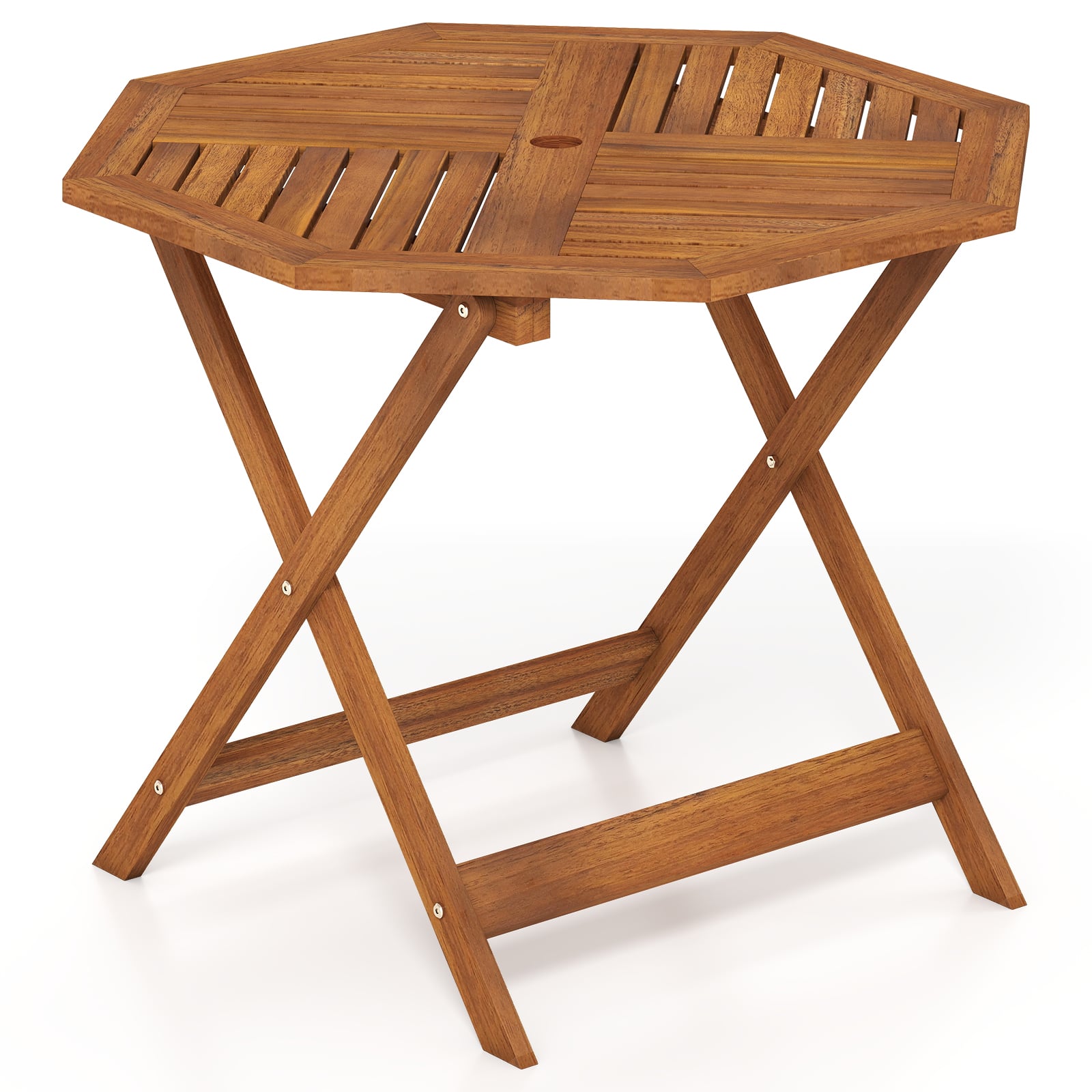 Ilmastikukindel aialaud päikesevarjuauguga, kaheksanurkne puidust laud, rõdulaud, söögilaud, naturaalne viimistlus