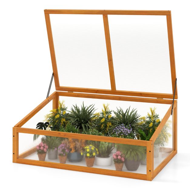 Läbipaistva klapitava katusega puidust lavaraam ja kõrgpeenra kaitse- ja taimemaja (94 x 63 x 40 cm) oranž