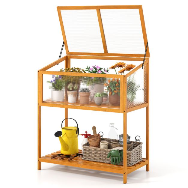 Läbipaistva avatava katuse ja alumise hoiuriiuliga puidust lavaraam ning minikasvuhoone (90 x 50,5 x 105 cm) , oranž