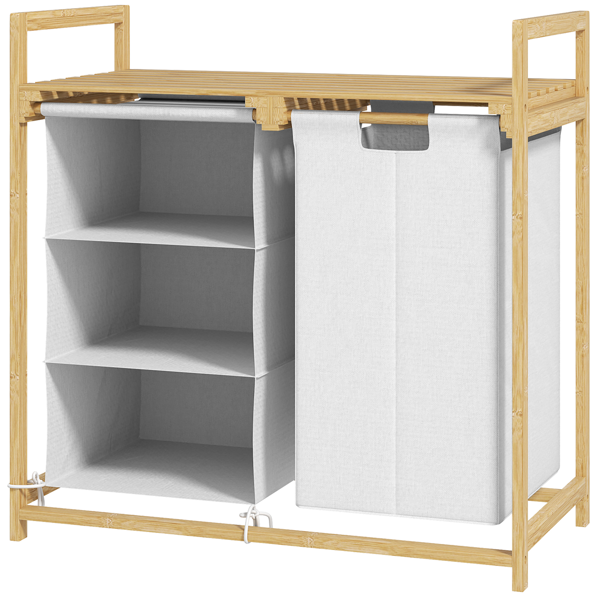 Pesukorv pesukotiga, riidest sahtliga, bambus, 70x36x70 cm, valge/puit